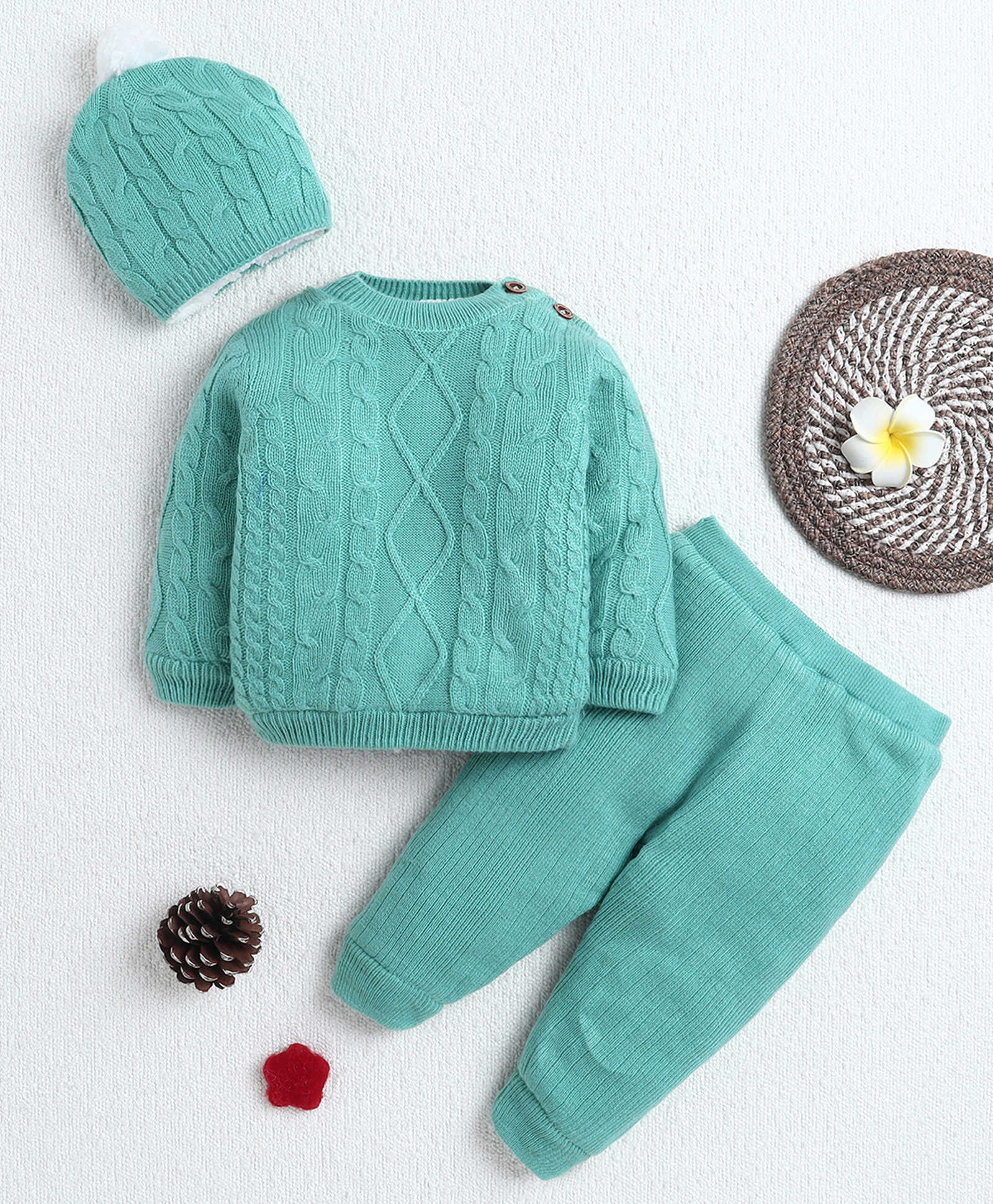 Yellow Apple Knit Full Sleeves Sweater Set With Cable Knit Design & Cap - Blue-picture-20