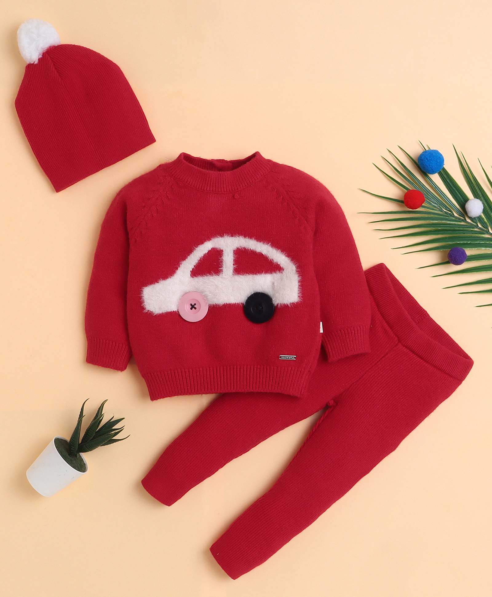 Yellow Apple Knitted Full Sleeves Sweater Set With Car Applique & Cap - Red-image-41