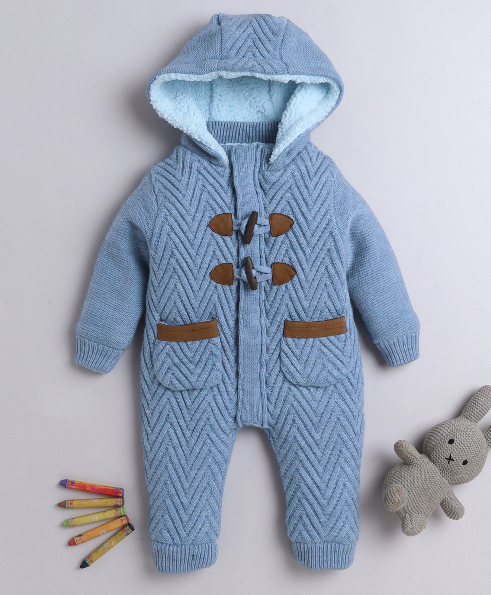 Yellow Apple Knit Full Sleeves Winter Wear Solid Hooded Romper - Light Blue-image-27