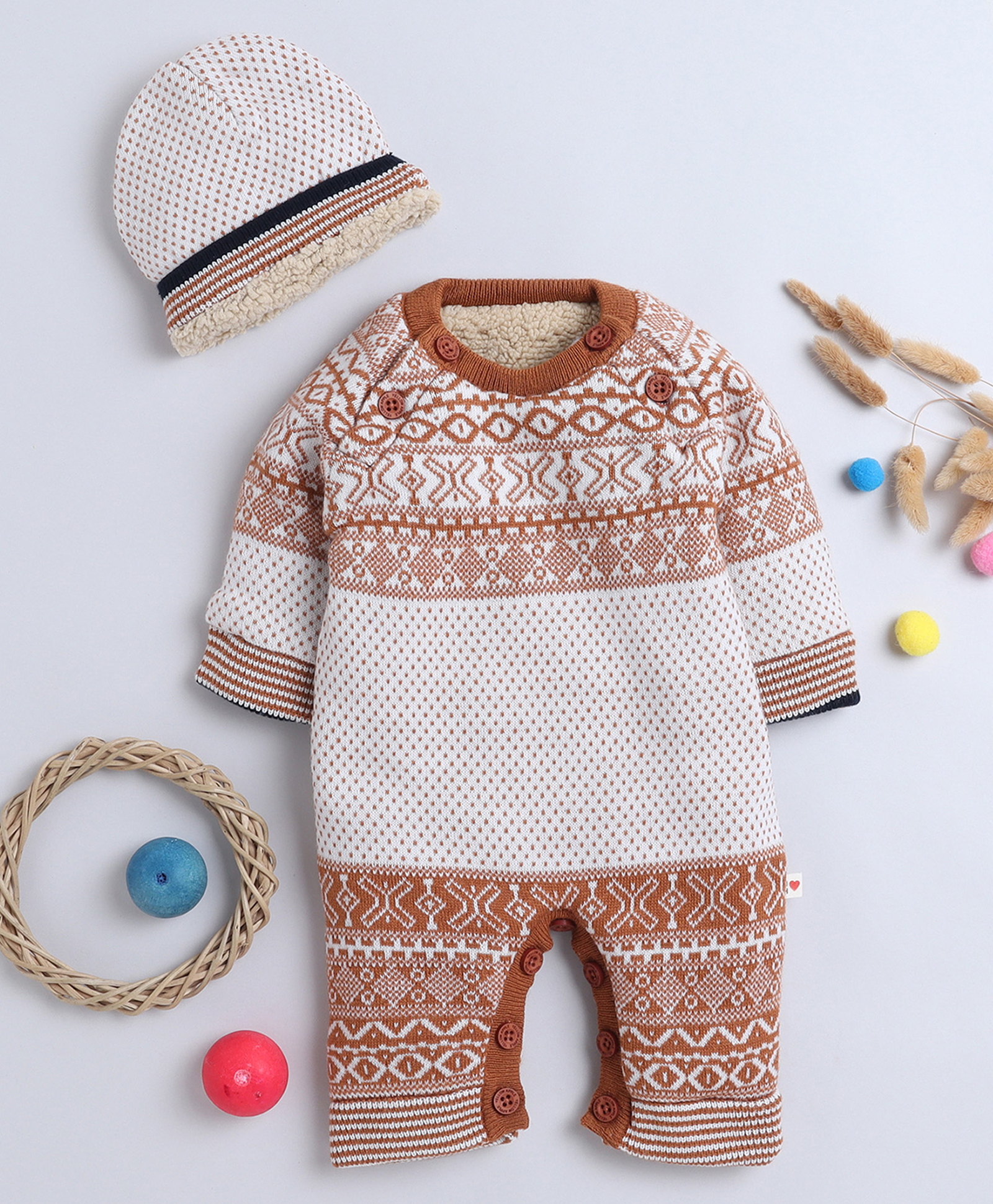 Yellow Apple Knit Full Raglan Sleeves Winter Wear Printed Romper With Cap - Rust Orange-image-39