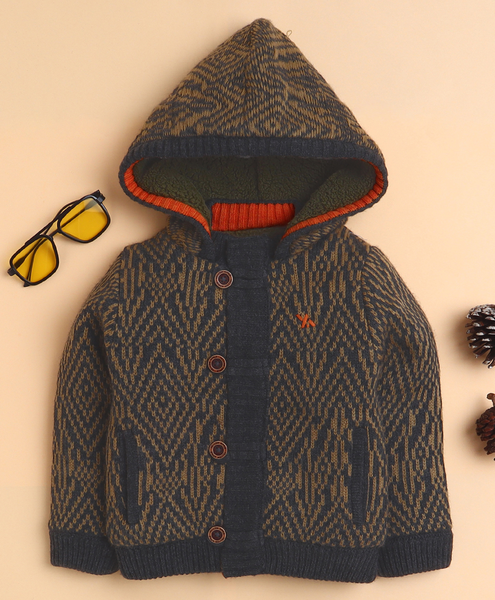 Yellow Apple Knit Full Sleeves Hooded Front Open Sweater with Design - Charcoal Grey-picture-35