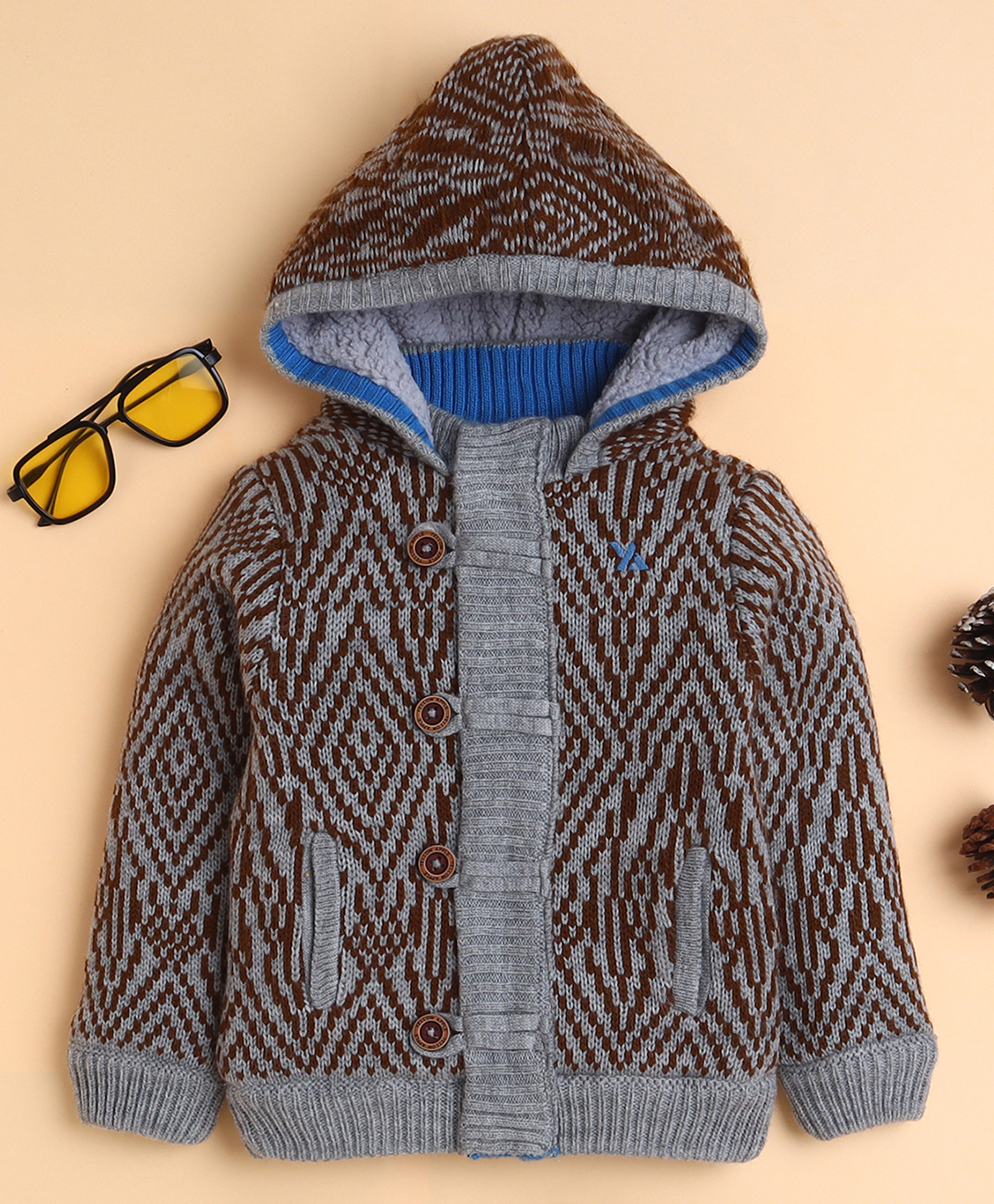 Yellow Apple Knit Full Sleeves Hooded Front Open Sweater with Design - Grey-picture-12
