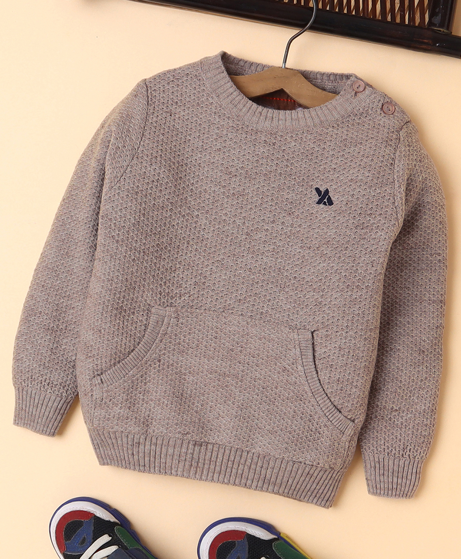 Yellow Apple Knitted Full Sleeves Solid Pullover Sweater With Kangaroo Pockets - Tan-picture-12