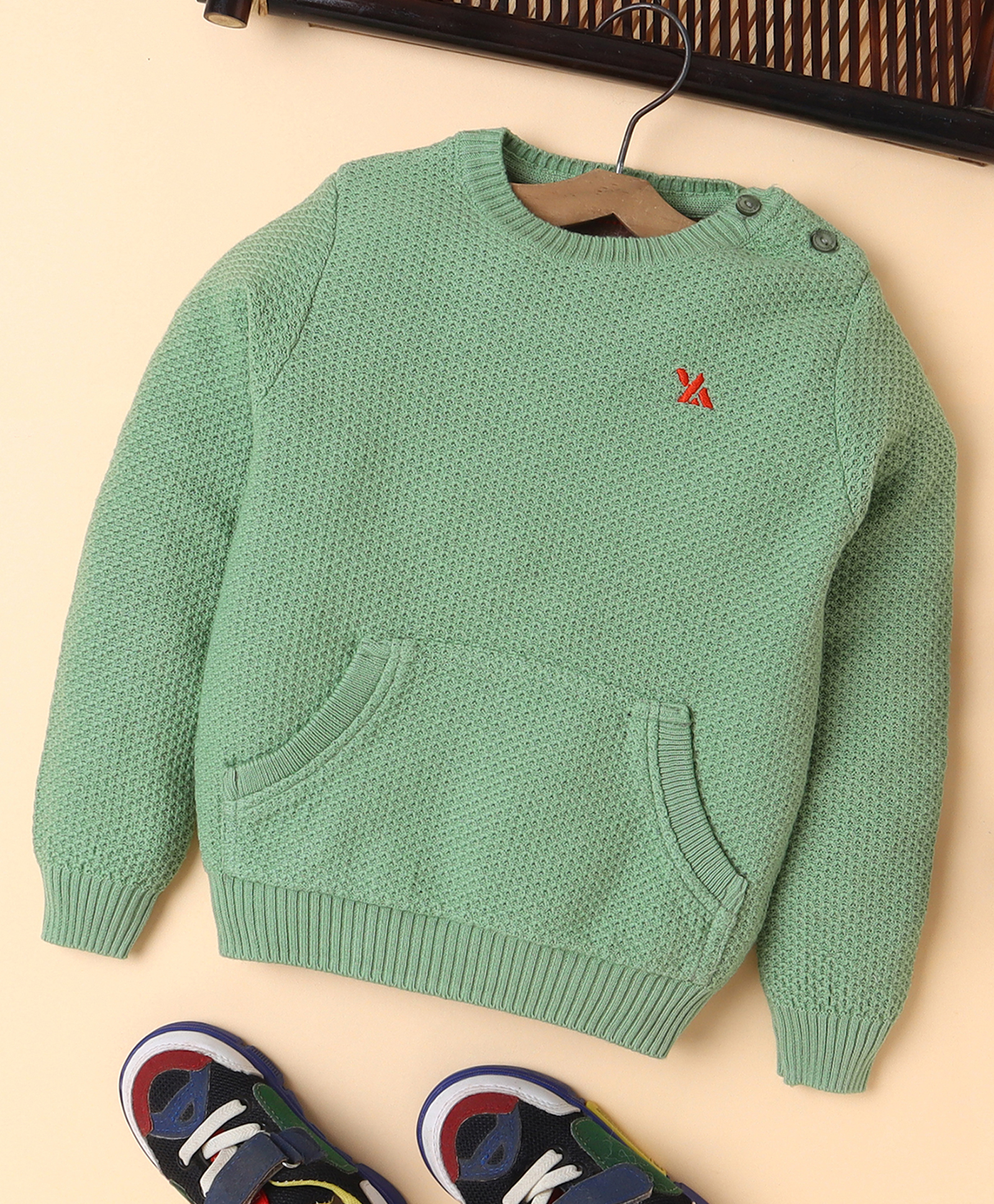 Yellow Apple Knitted Full Sleeves Solid Pullover Sweater With Kangaroo Pockets - Green-image-35
