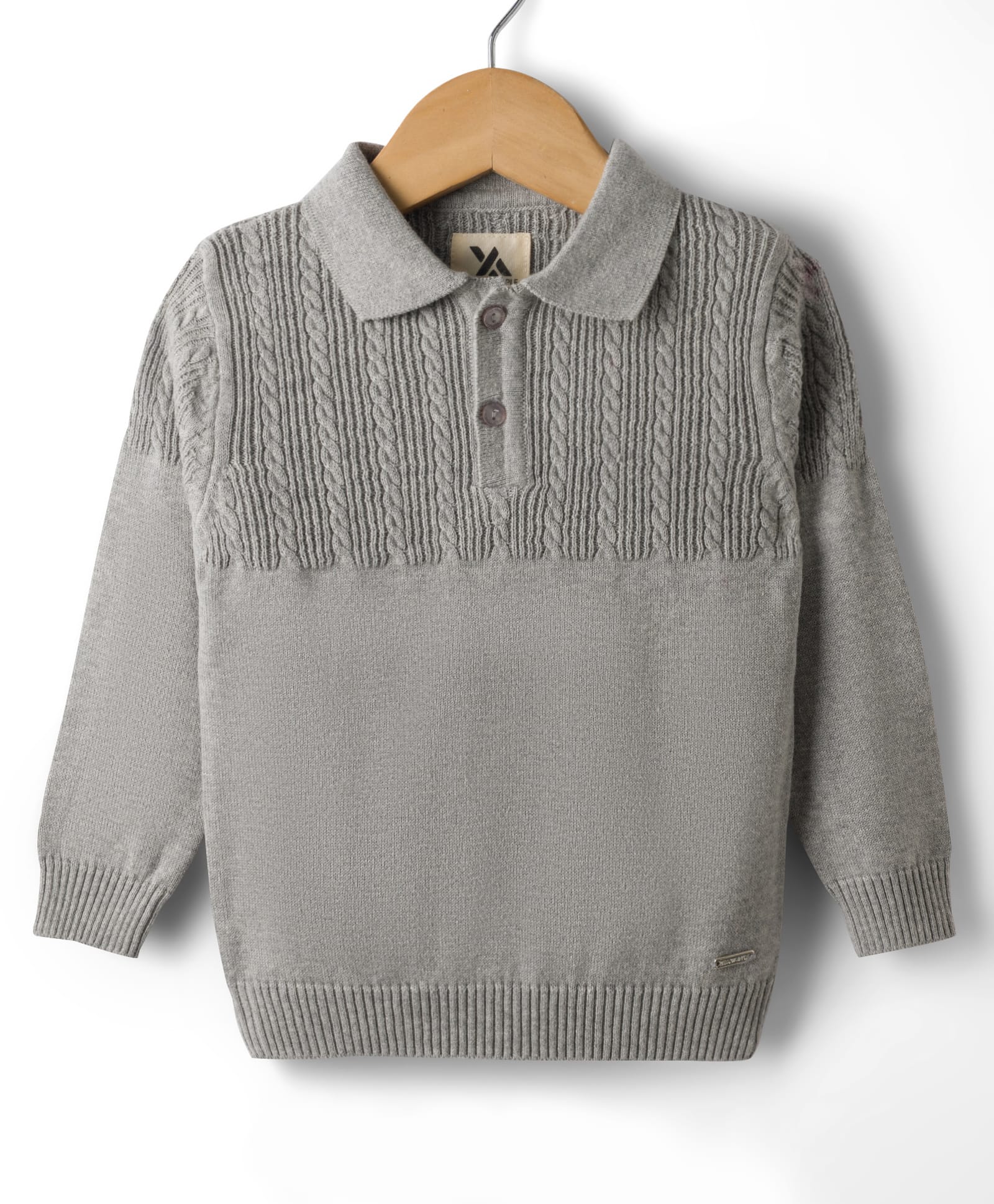 Yellow Apple Knitted Full Sleeves Solid Color Pullover Sweater with Cable Knit Design - Light Grey-picture-28
