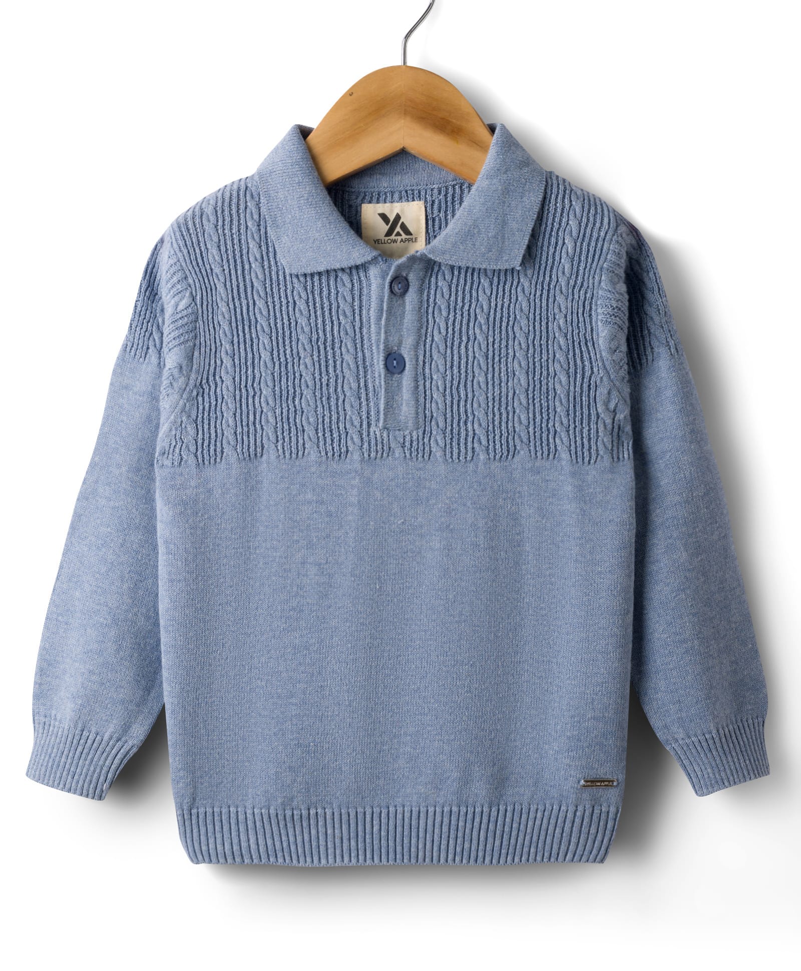 Yellow Apple Knitted Full Sleeves Solid Color Pullover Sweater with Cable Knit Design - Light Blue-picture-27