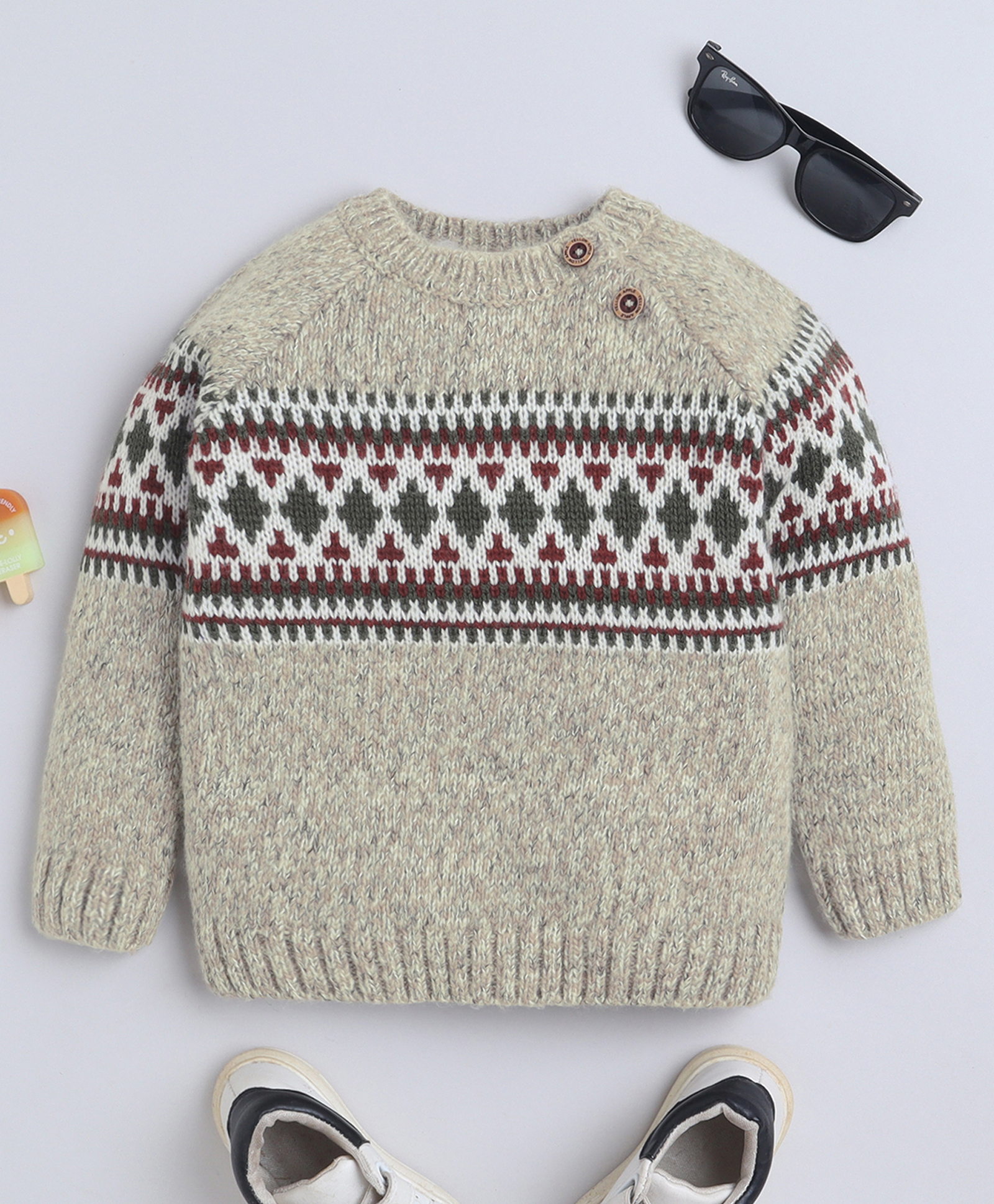 Yellow Apple Knitted Full Raglan Sleeves Designed Pullover Sweater - Beige-picture-24