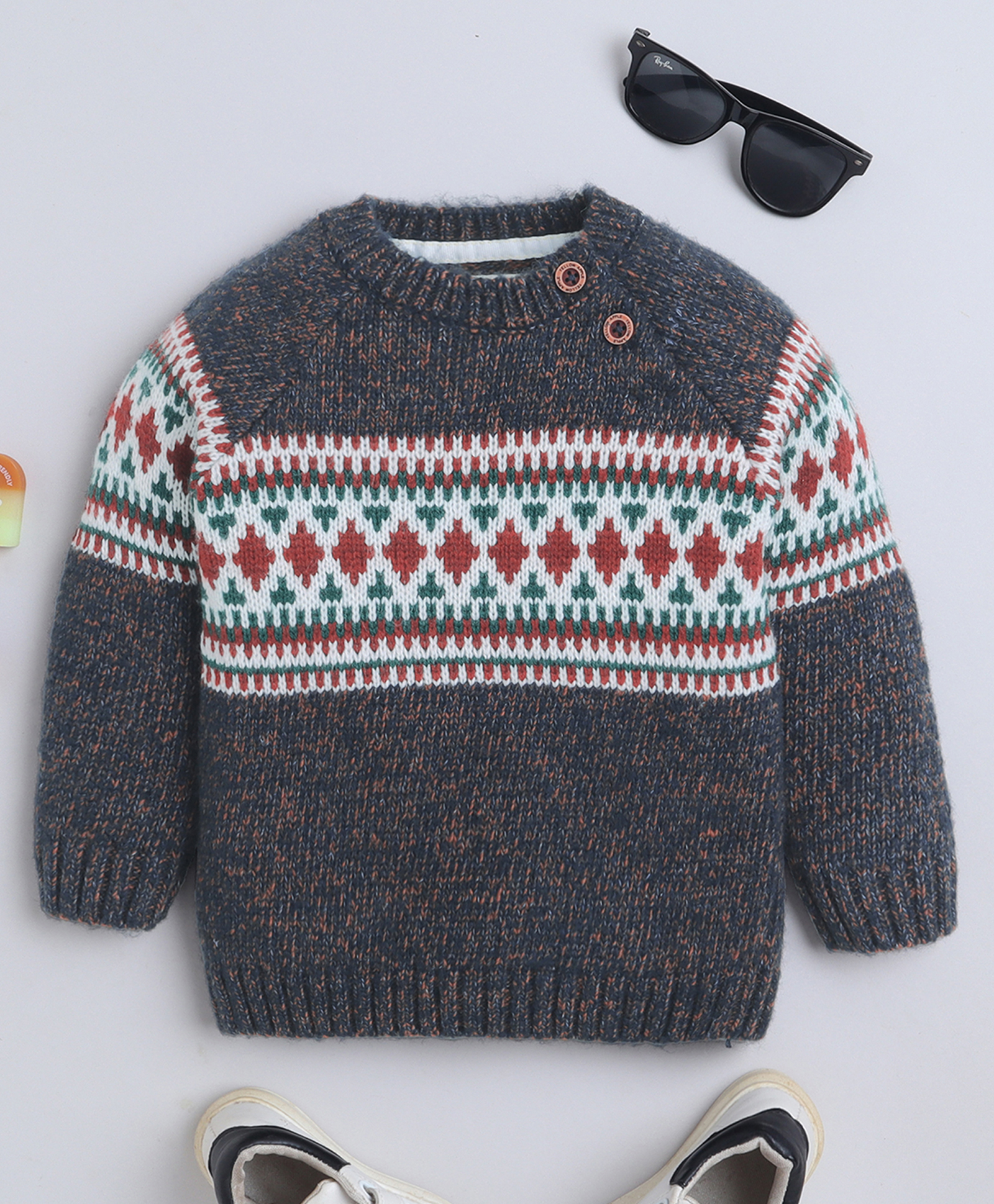 Yellow Apple Knitted Full Raglan Sleeves Designed Pullover Sweater - Blue-picture-20