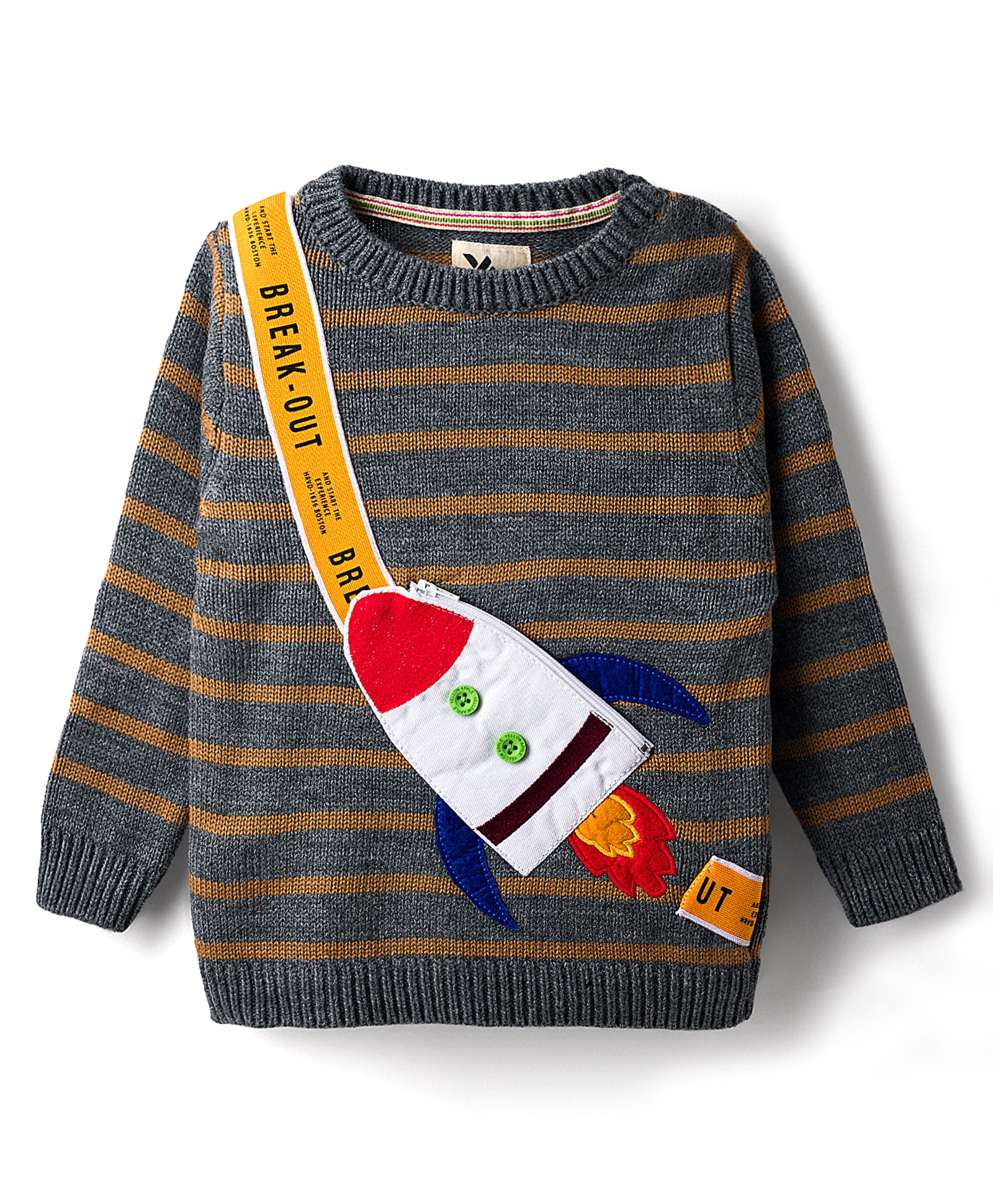 Yellow Apple Knit Full Sleeves Pullover Sweater With Rocket Applique - Grey-image-32