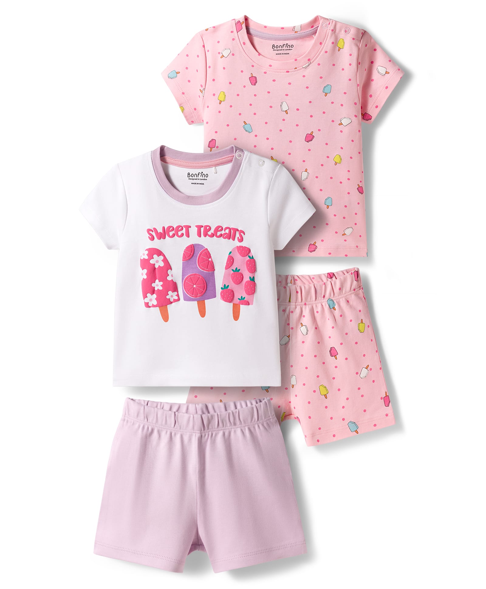 Bonfino 100% Cotton Knit Half Sleeves Ice Cream & Polka Dots Printed Co-Ords T-Shirt & Shorts Night Suits Pack Of 2 - Multicolour-picture-17