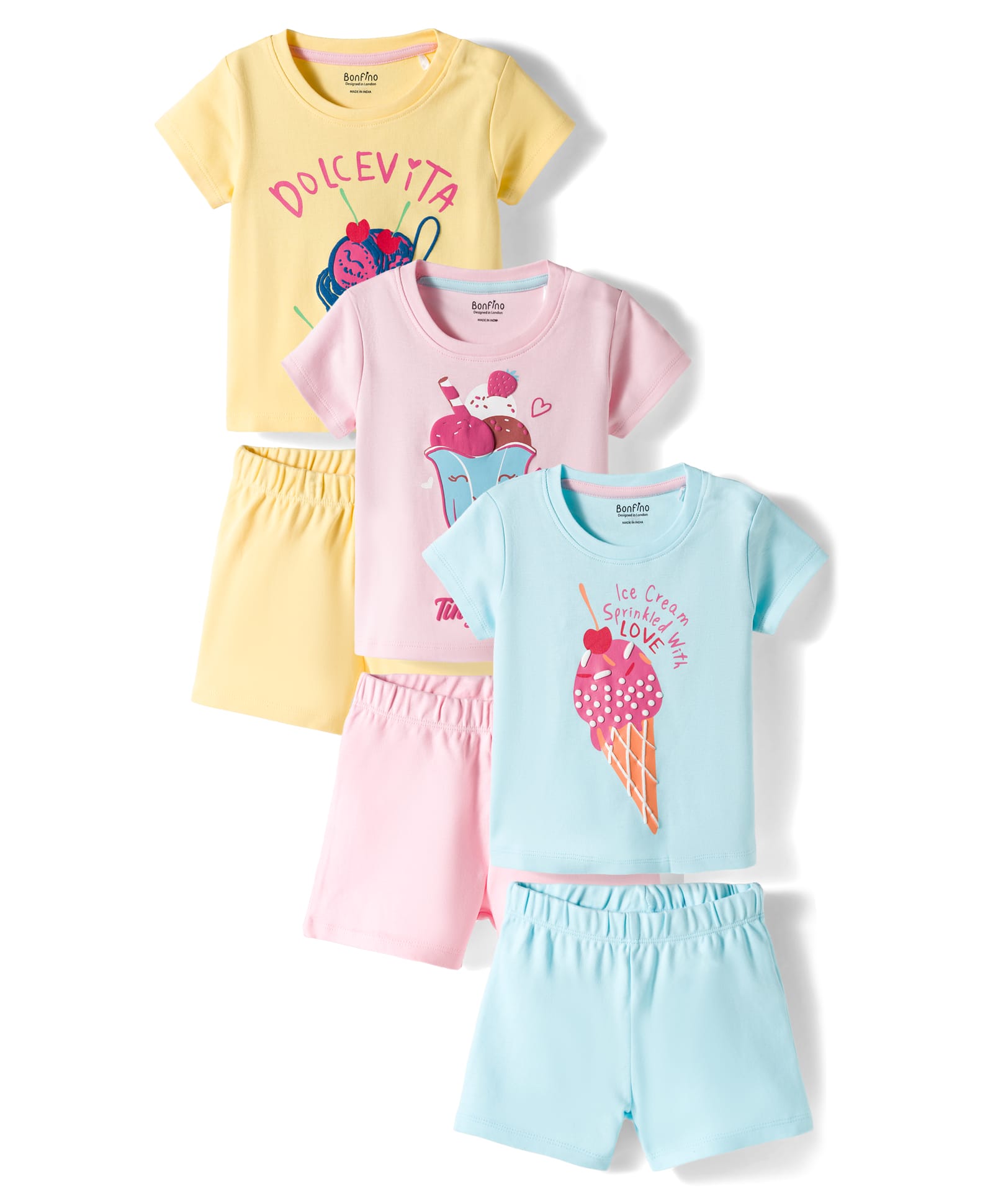 Bonfino 100% Cotton Knit Half Sleeves Ice Cream Printed T-Shirts & Shorts Night Suit Pack of 3 - Blue Pink & Yellow-image-16