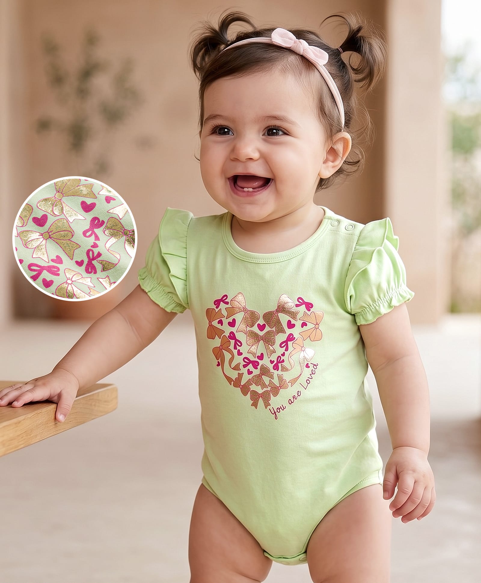 Babyoye Eco Conscious 100% Cotton Knit Half Sleeves Bow & Hearts Foil Printed Onesie - Light Green-picture-16