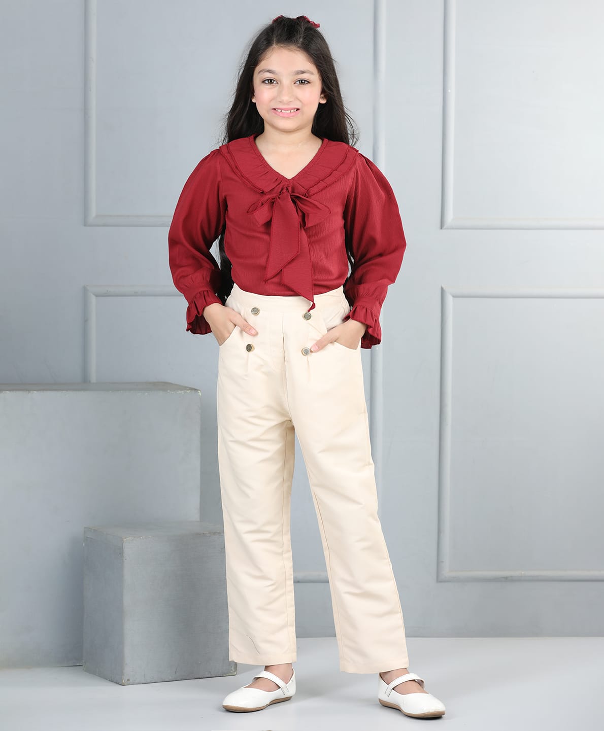 Cutiekins Woven Full Peasant Sleeves Bow Applique Detailed Top & Pant Set - Maroon & Beige-image-32