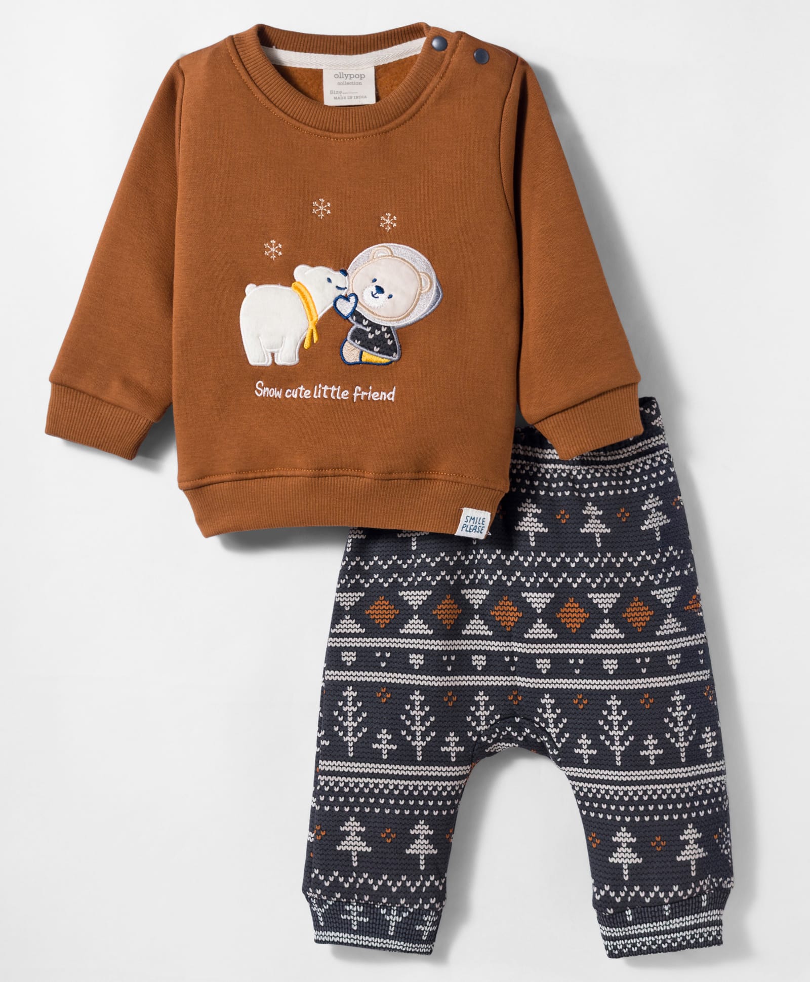 Ollypop Fleece Knit Full Sleeves Winter Wear T-Shirt & Lounge Pant Set With Bear Patch & Tree Print - Brown-image-7