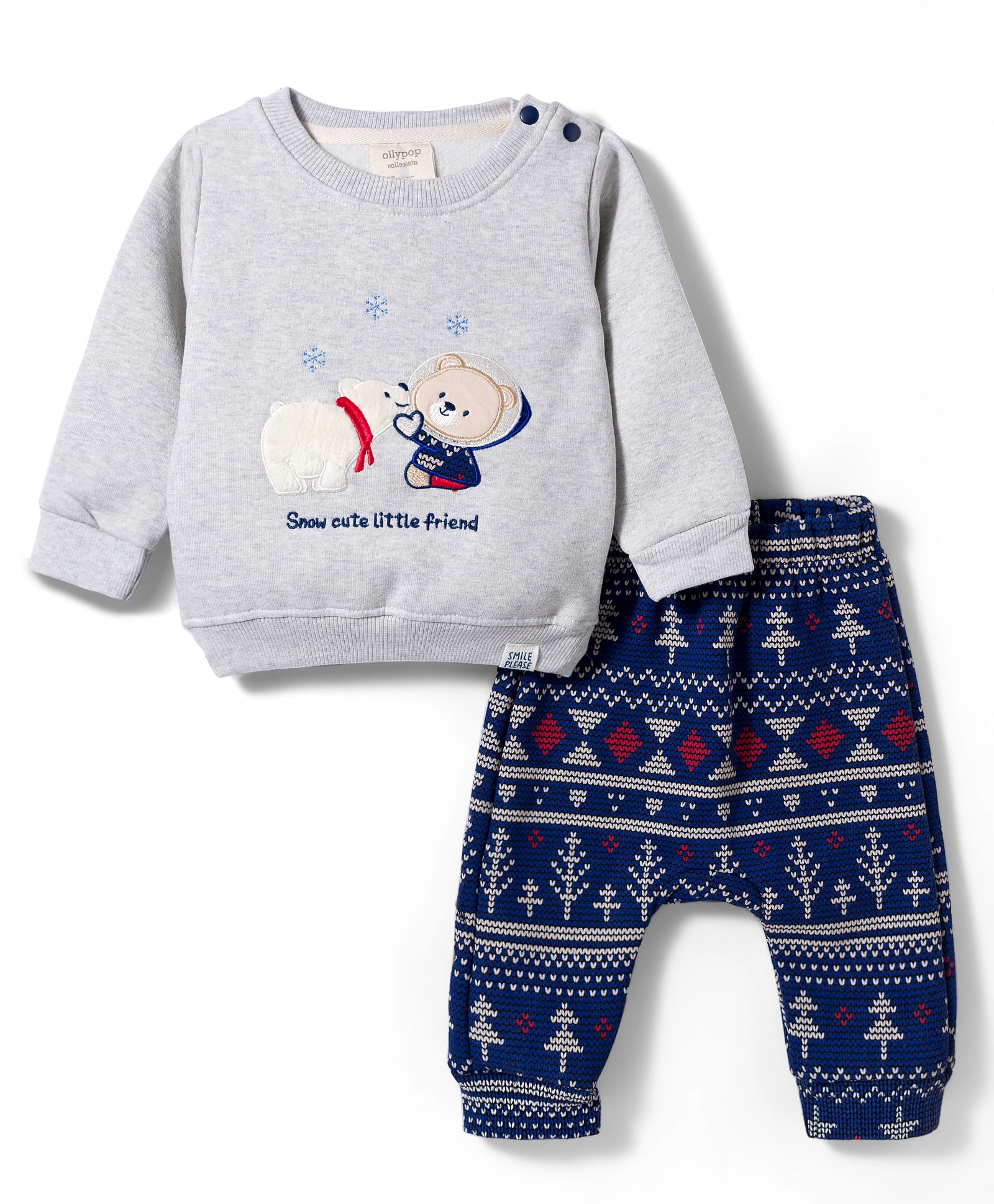 Ollypop Fleece Knit Full Sleeves Winter Wear T-Shirt & Lounge Pant Set With Bear Patch & Tree Print - Light Grey-picture-19