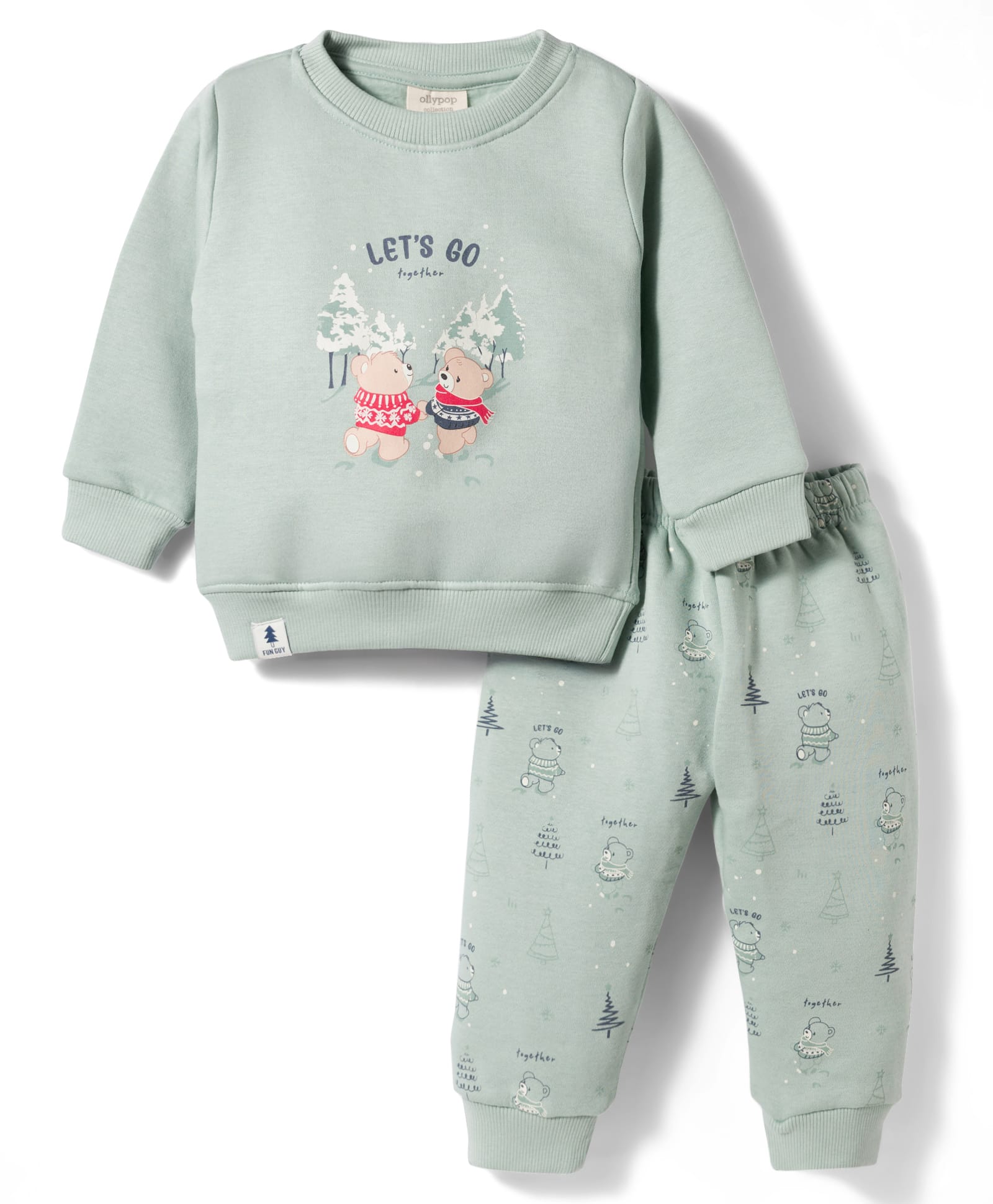 Ollypop Fleece Knit Full Sleeves Winter Wear Night Suit With Bear Print - Sea Green-picture-1