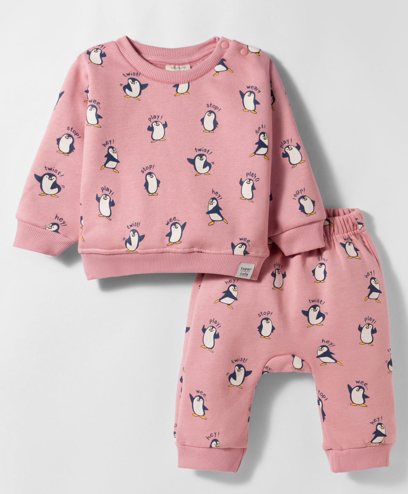 Ollypop Fleece Knit Full Sleeves Co-ords Winter Wear Night Suit With Penguin Print - Pink