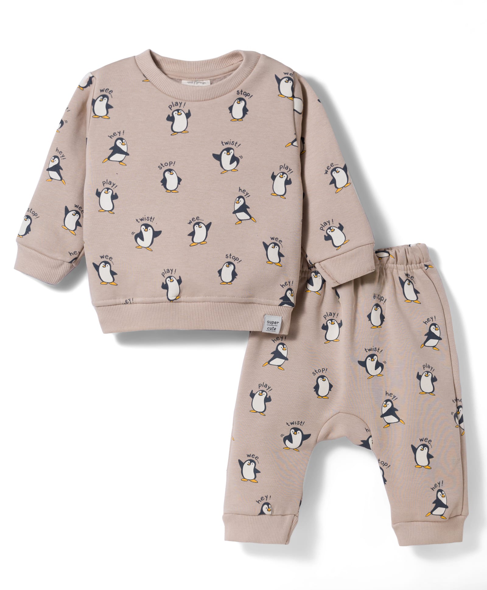 Ollypop Fleece Knit Full Sleeves Co-ords Winter Wear Night Suit With Penguin Print - Ivory-image-47