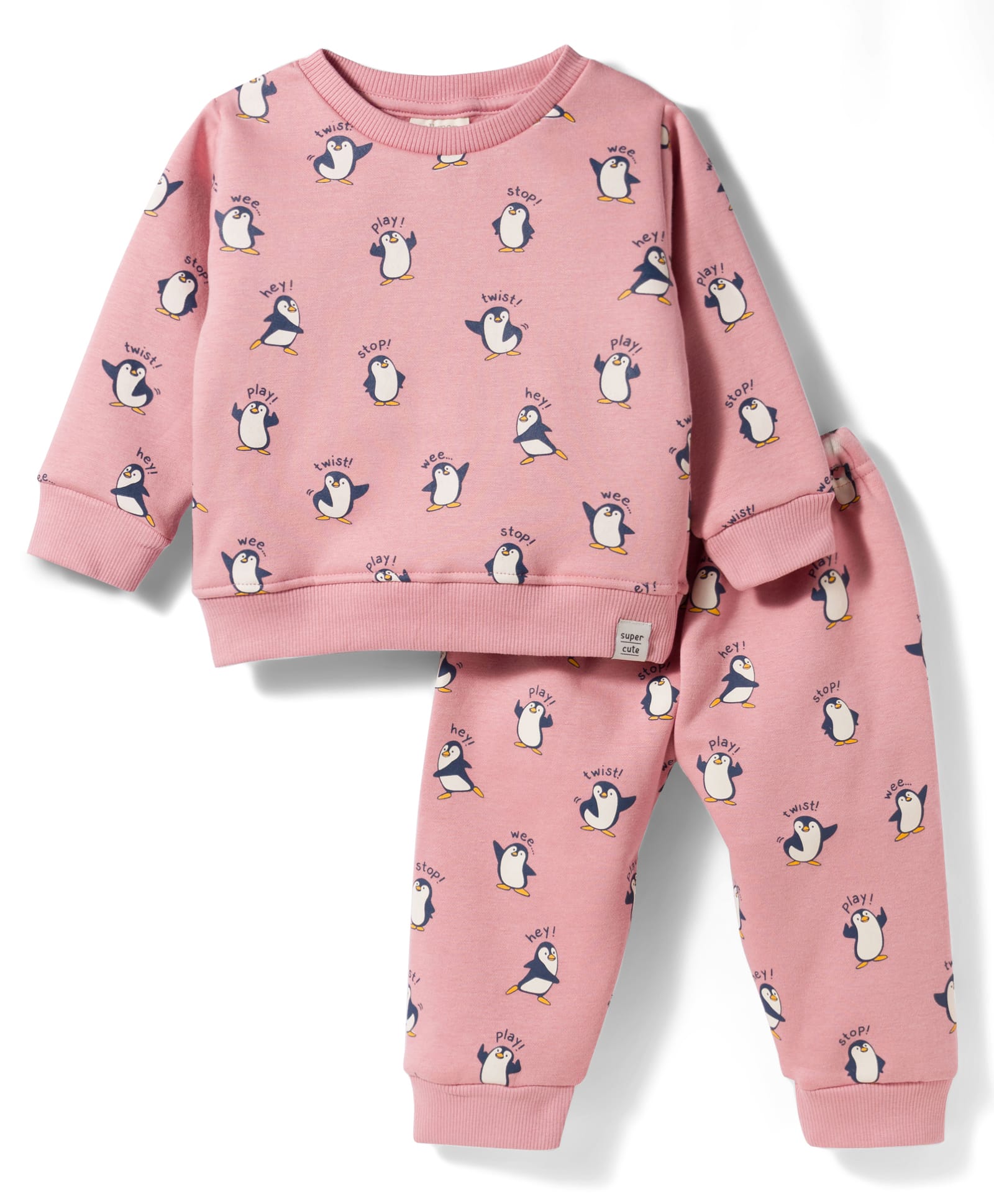 Ollypop Fleece Knit Full Sleeves Co-ords Winter Wear Night Suit With Penguin Print - Pink