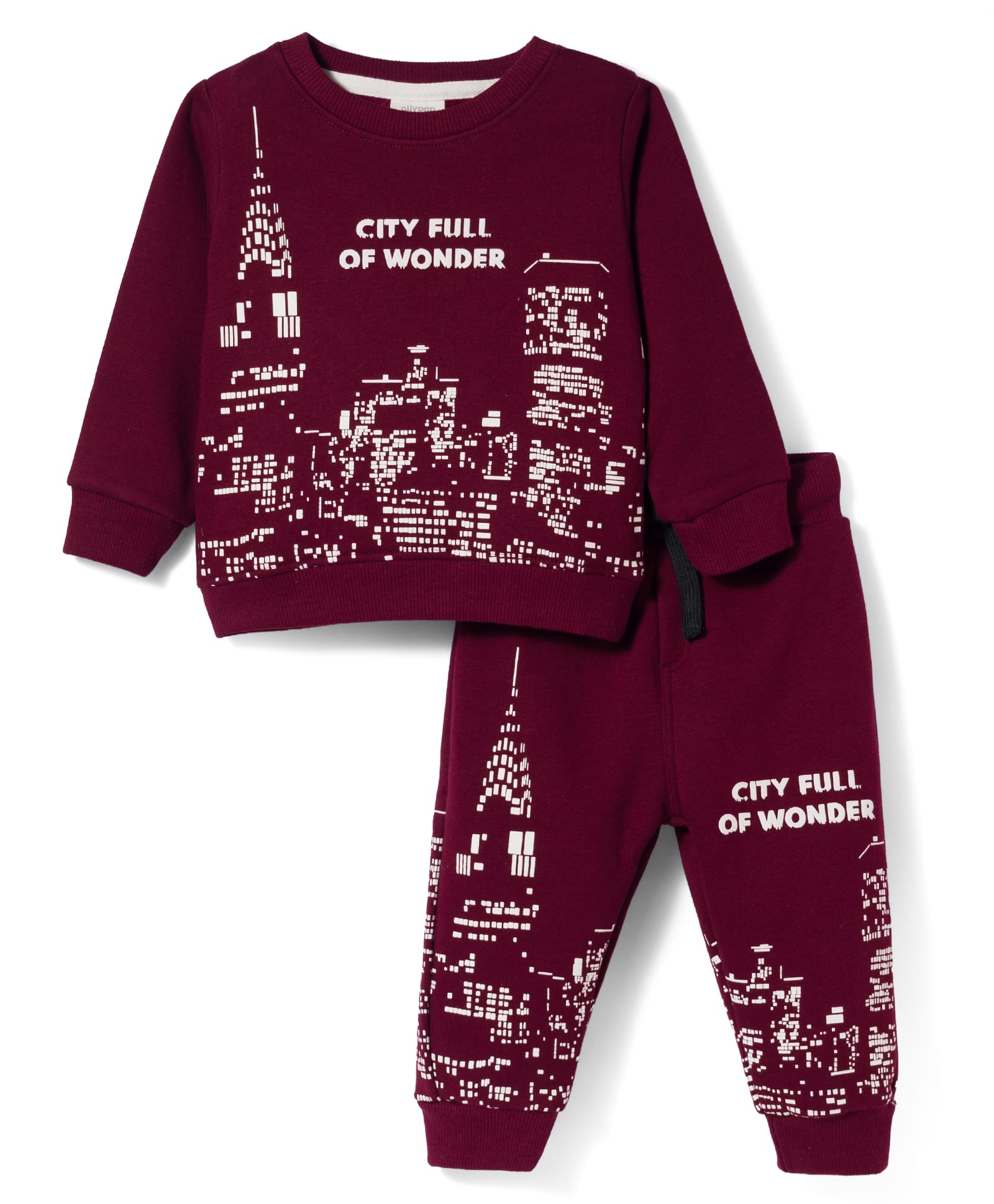 Ollypop Fleece Knit Full Sleeves Winter Wear T-Shirt & Lounge Pant Co-ord Set With City Print - Burgandy-picture-14