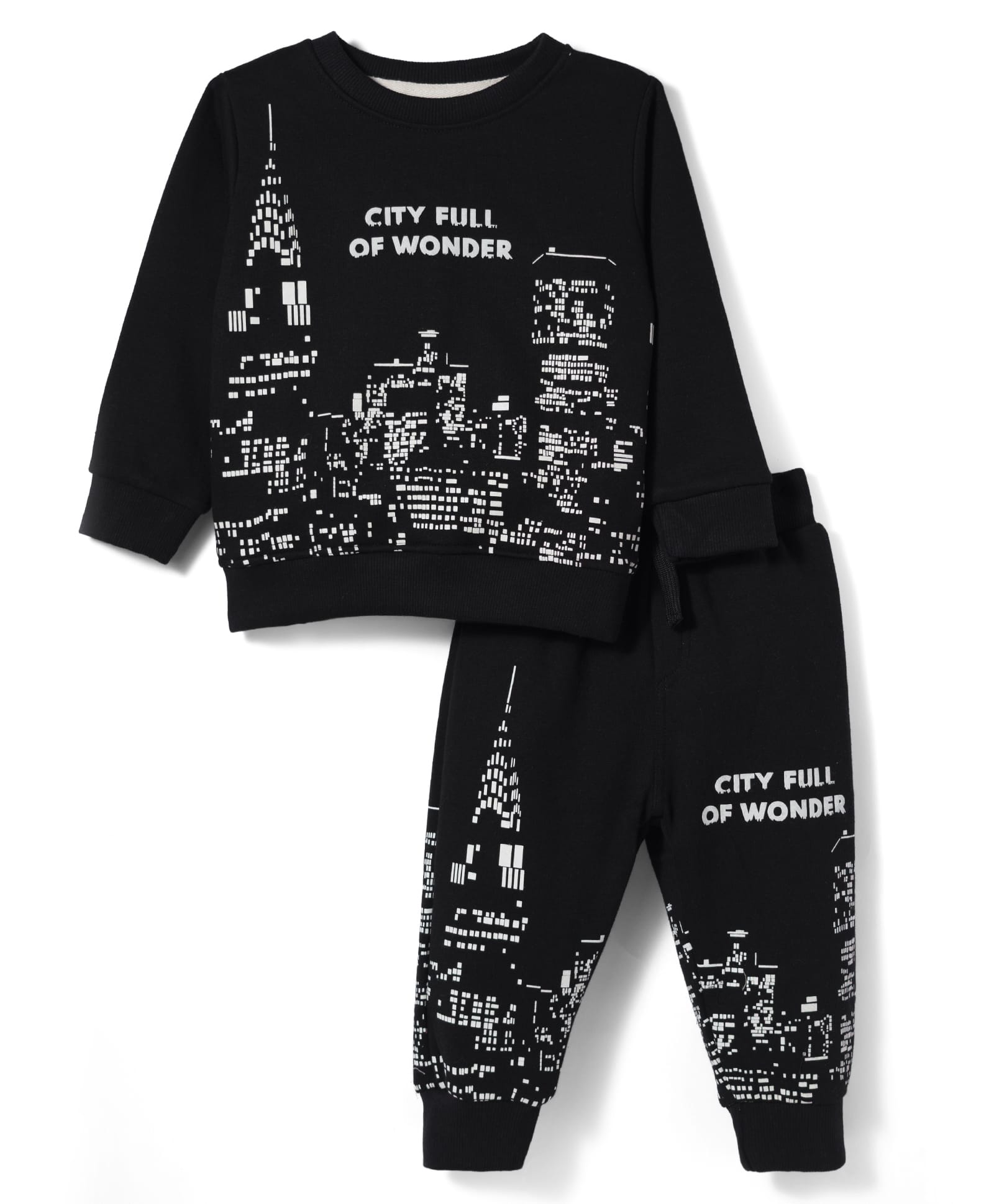 Ollypop Fleece Knit Full Sleeves Winter Wear T-Shirt & Lounge Pant Co-ord Set With City Print - Black-picture-36