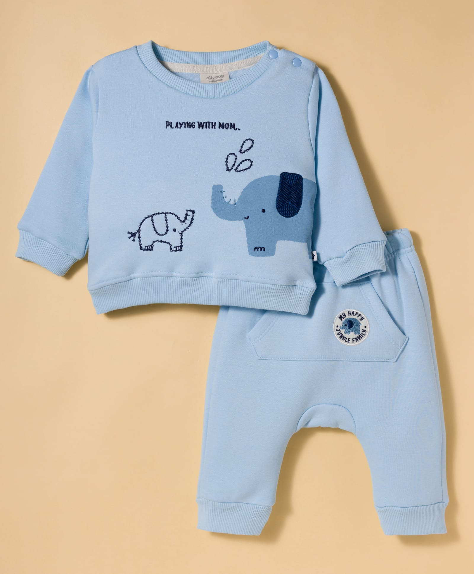 Ollypop Fleece Knit Full Sleeves Winter Wear T-Shirt & Diaper Pant Set With Elephant Embroidery - Light Blue-picture-38