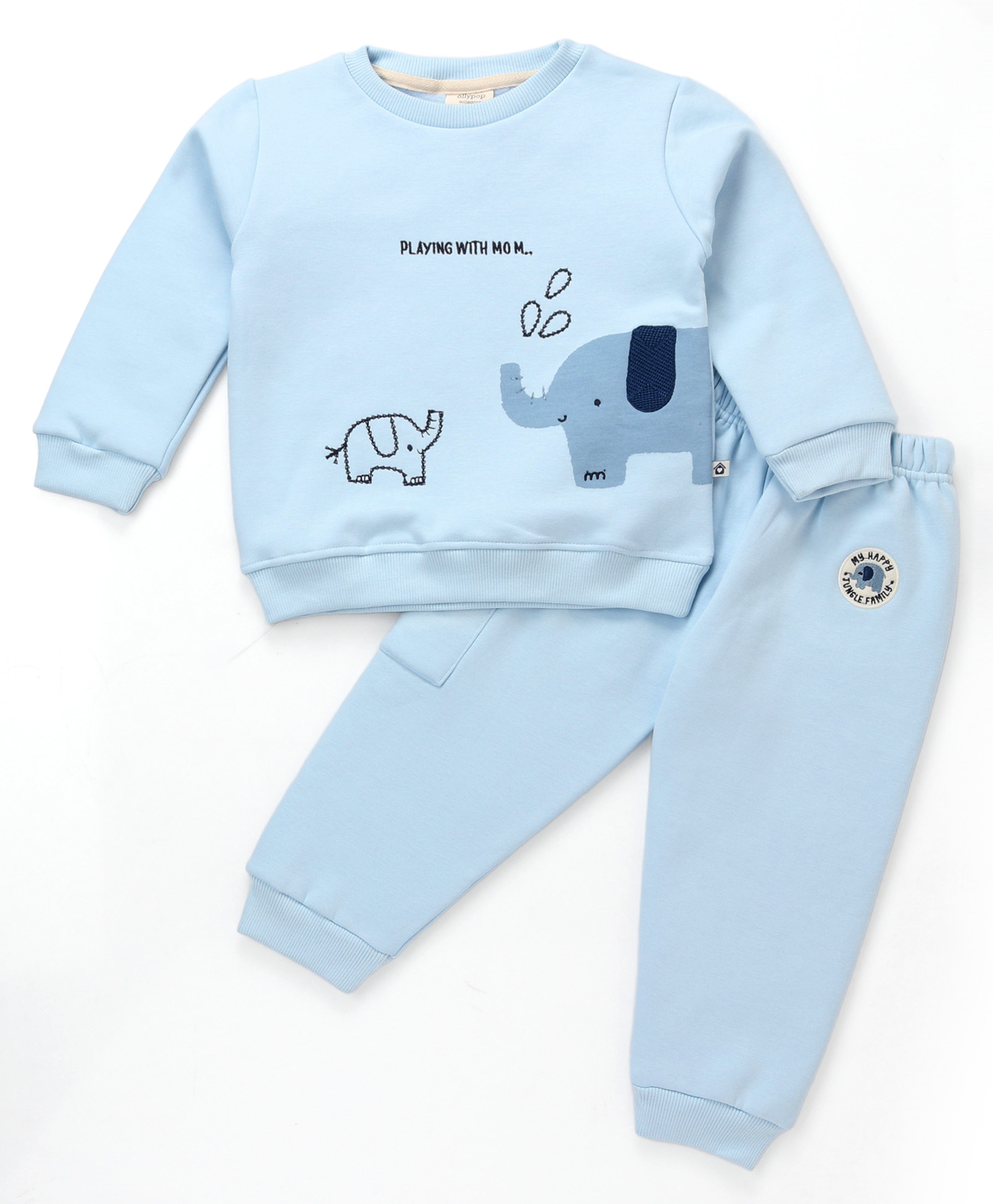 Ollypop Fleece Knit Full Sleeves Winter Wear T-Shirt & Diaper Pant Set With Elephant Embroidery - Light Blue-picture-27