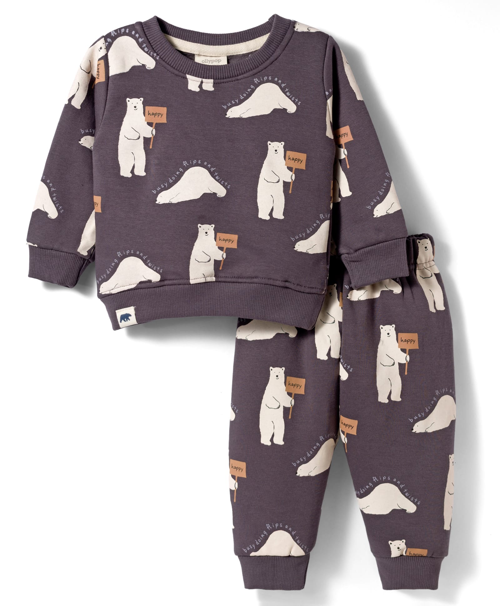 Ollypop Fleece Knit Full Sleeves Co-ords Winter Night Suit with Bear Print - Charcoal Grey