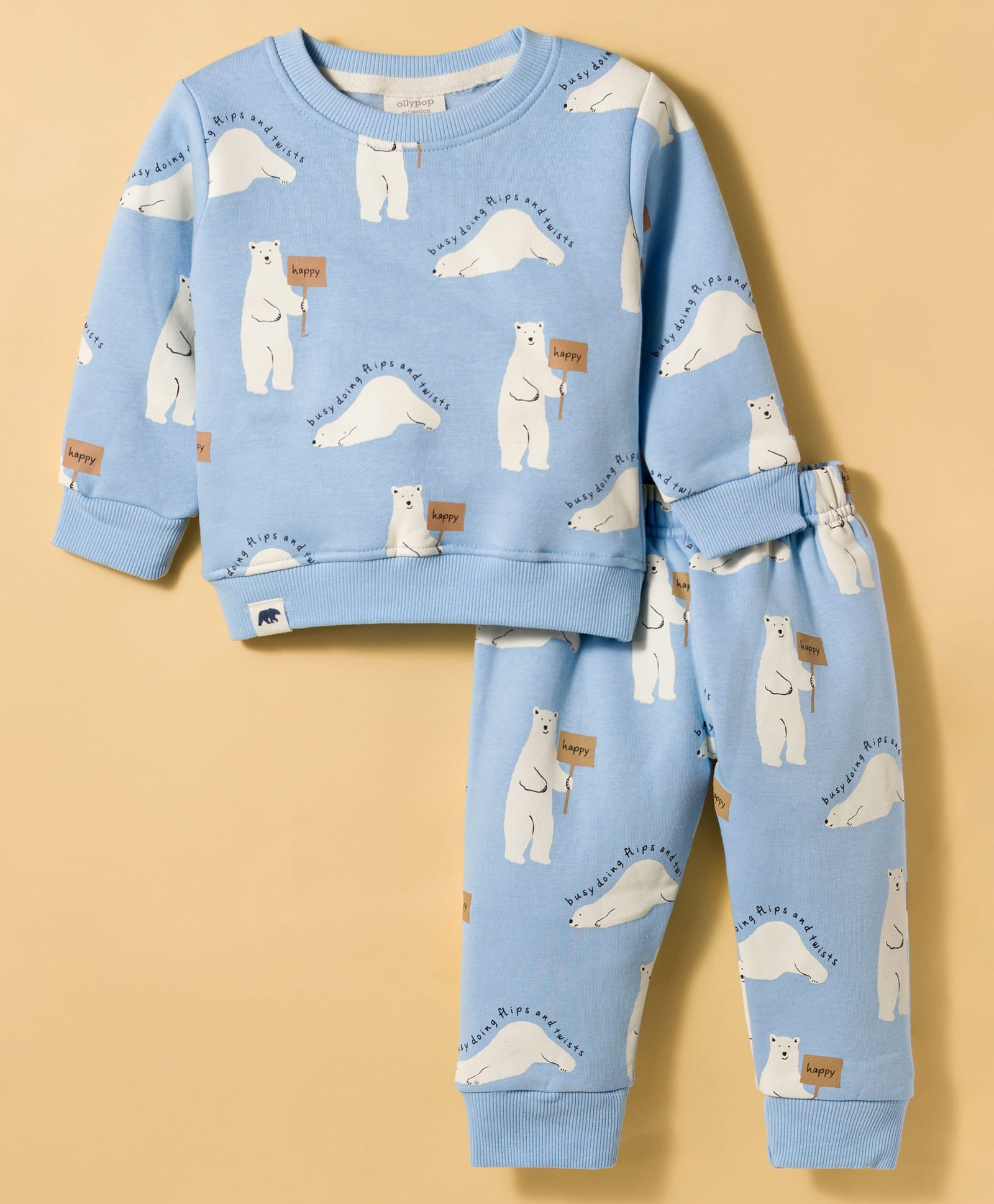 Ollypop Fleece Knit Full Sleeves Co-ords Winter Night Suit with Bear Print - Light Blue