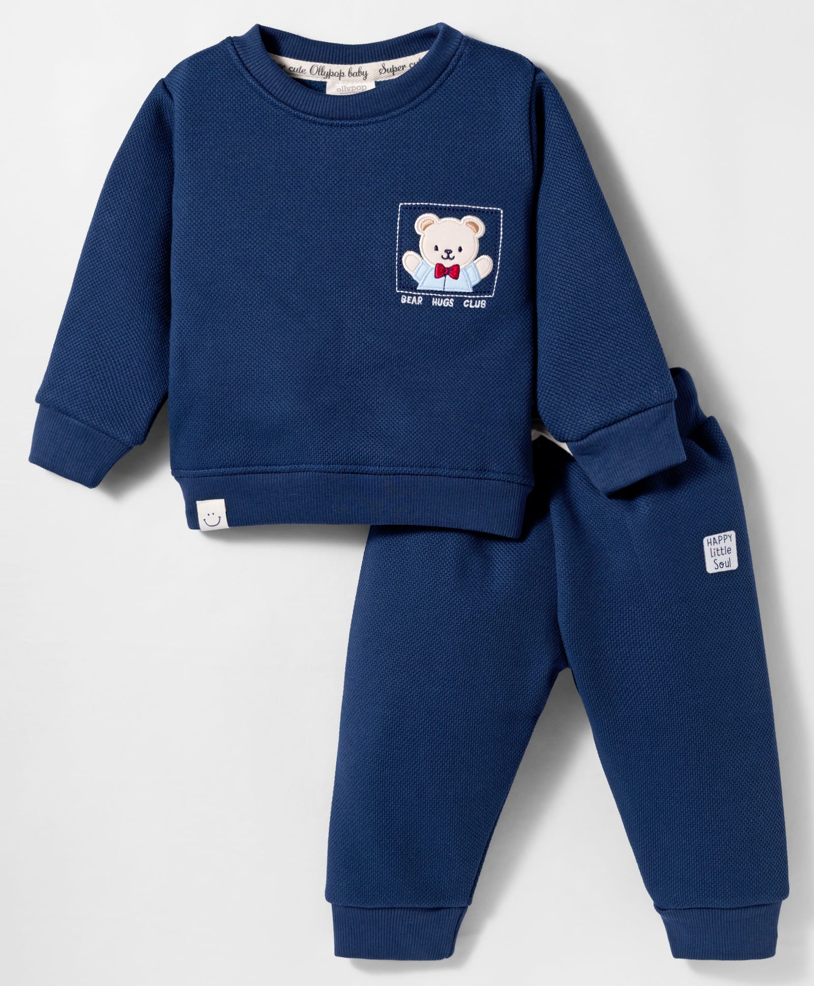 Ollypop Fleece Knit Full Sleeves Winter Wear T-Shirt & Lounge Pant Set With Teddy Bear Patch - Navy Blue-picture-22