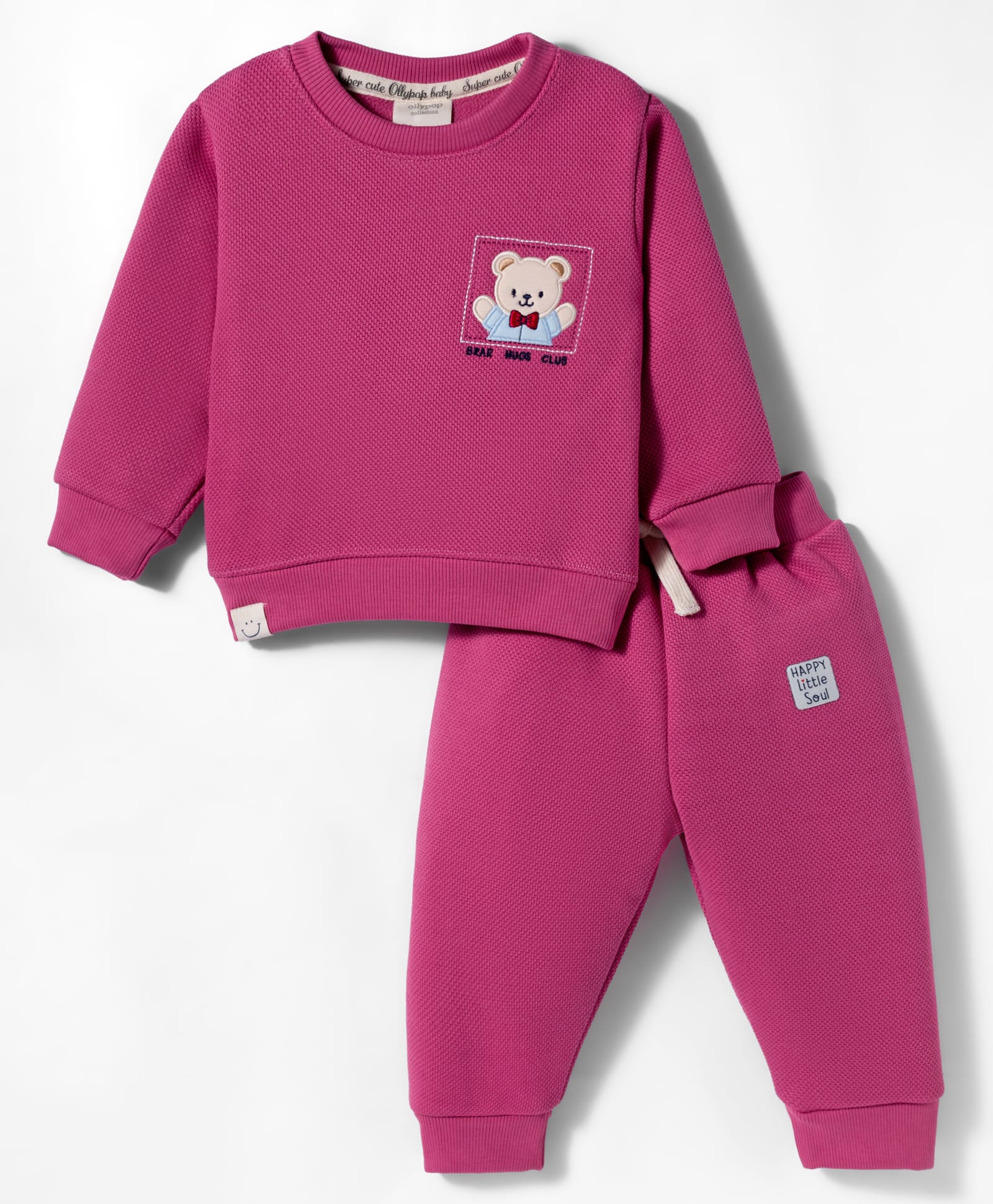 Ollypop Fleece Knit Full Sleeves Winter Wear T-Shirt & Lounge Pant Set With Teddy Bear Patch - Fuchsia-picture-38