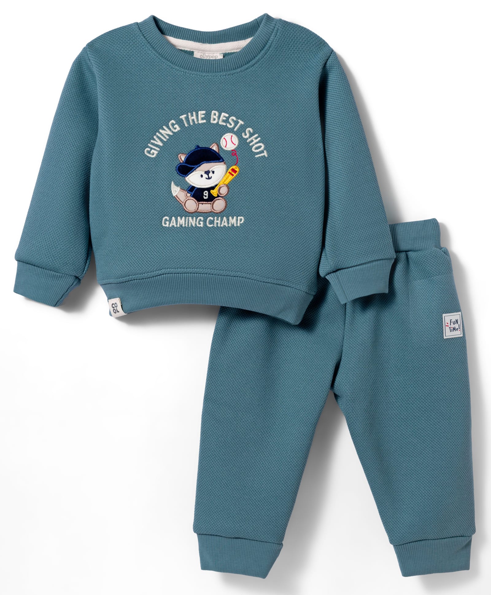 Ollypop Fleece Knit Full Sleeves Winter Wear T-Shirt & Lounge Pant Set With Animal Patch - Teal Blue