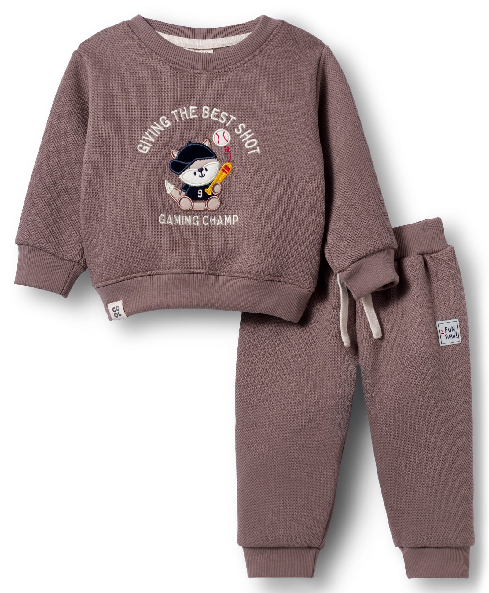 Ollypop Fleece Knit Full Sleeves Winter Wear T-Shirt & Lounge Pant Set With Animal Patch - Brown-image-1