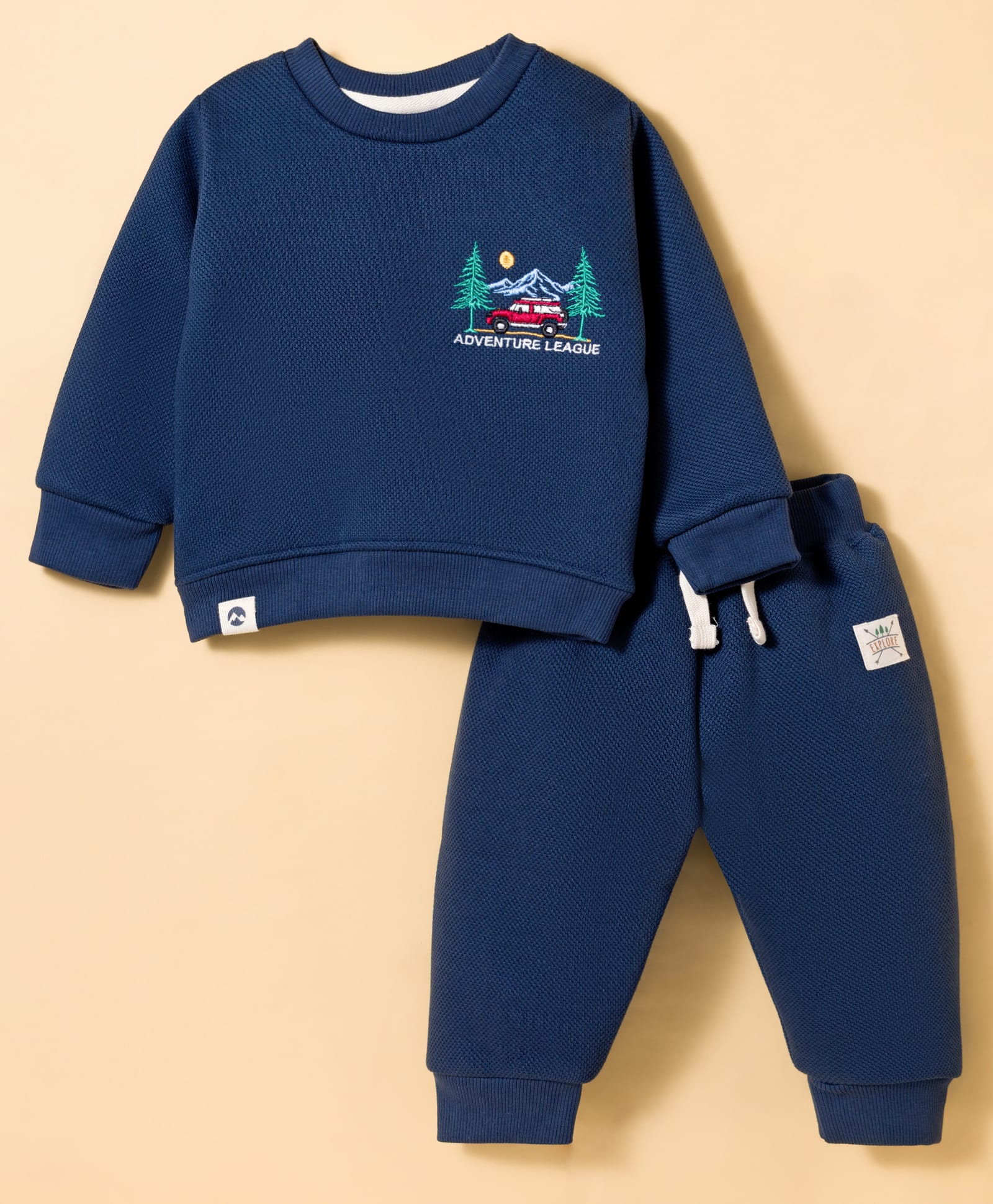 Ollypop Fleece Knit Full Sleeves Winter Wear T-Shirt & Lounge Pant Set With Car Embroidery - Navy Blue