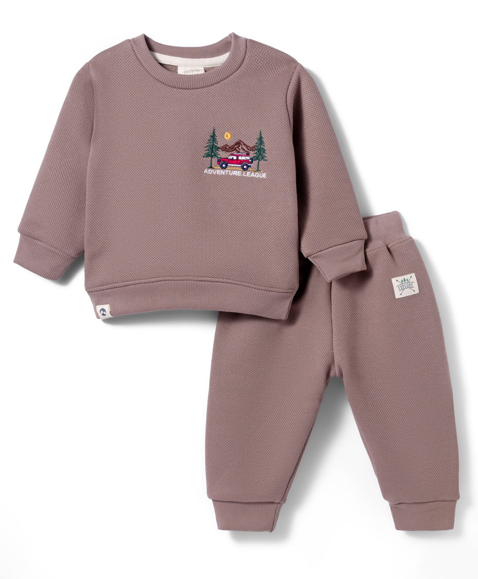 Ollypop Fleece Knit Full Sleeves Winter Wear T-Shirt & Lounge Pant Set With Car Embroidery - Tan-picture-13