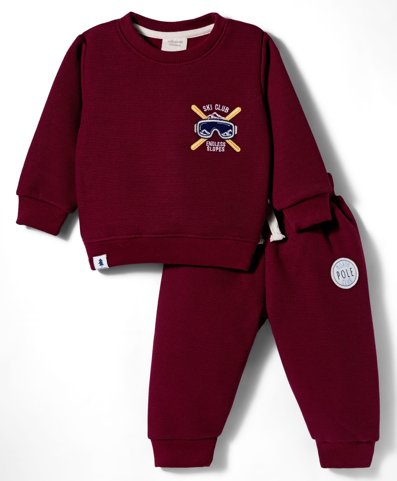 Ollypop Fleece Knit Full Sleeves Winter Wear T-Shirt & Lounge Pant Set With Skiing Embroidery - Burgandy-picture-11