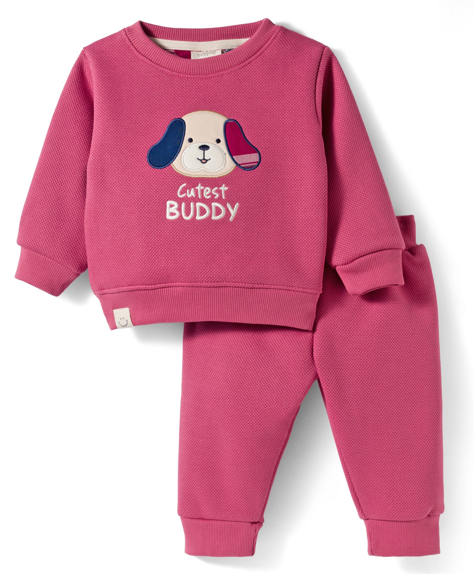 Ollypop Fleece Knit Full Sleeves Winter Wear T-Shirt & Lounge Pant Set With Dog Patch - Fuchsia-picture-19