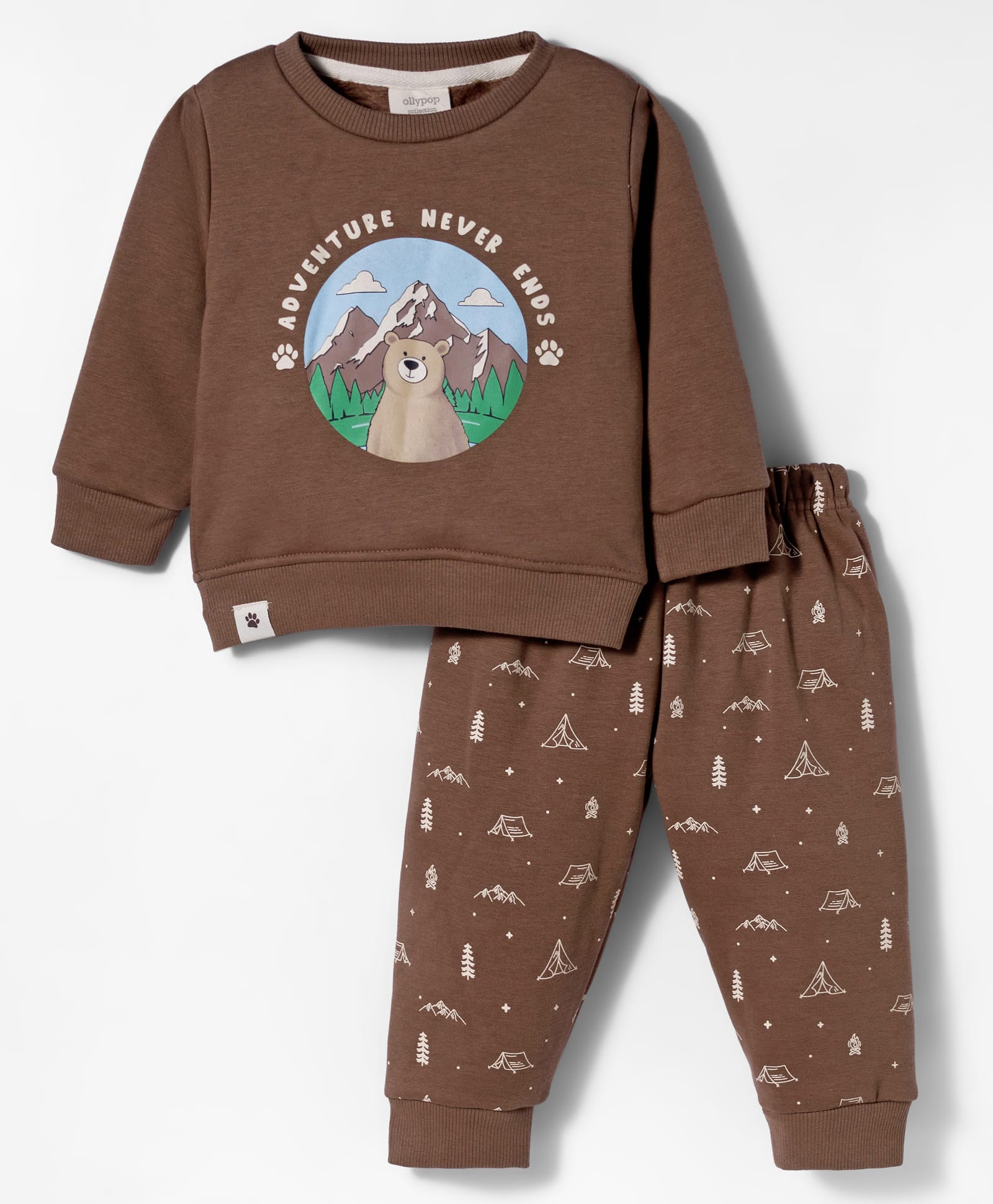 Ollypop Fleece Knit Full Sleeves Winter Wear T-Shirt & Lounge Pant Set With Bear Print - Brown-image-4