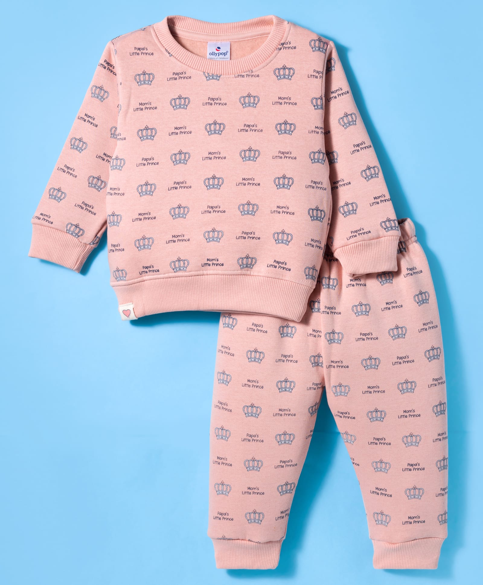 Ollypop Fleece Knit Full Sleeves Co-ords Winter Night Suit with Crown Print - Pink-picture-19