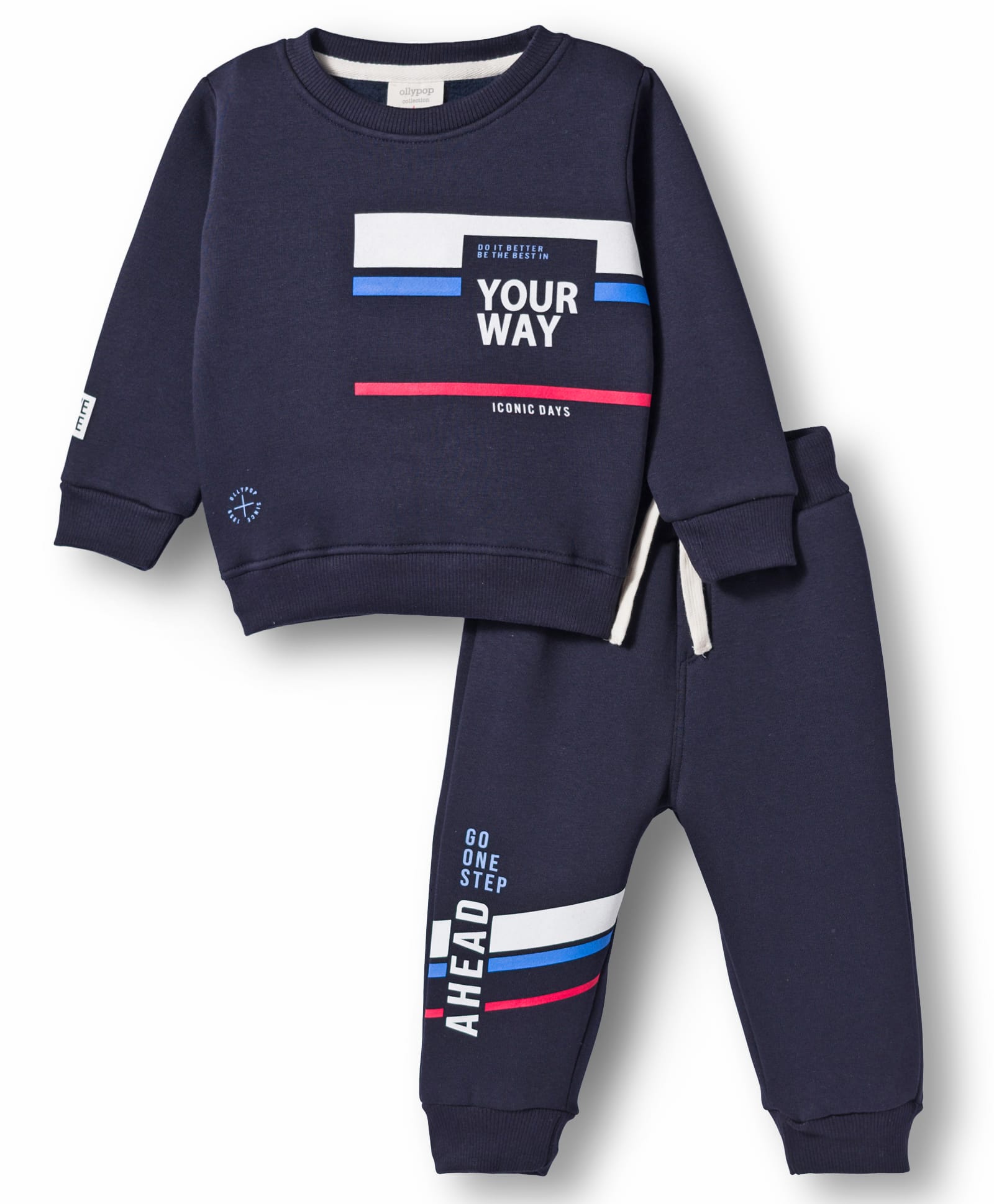 Ollypop Fleece Knit Full Sleeves Winter Wear T-Shirt & Lounge Pant Set With Text Print - Navy Blue-image-44