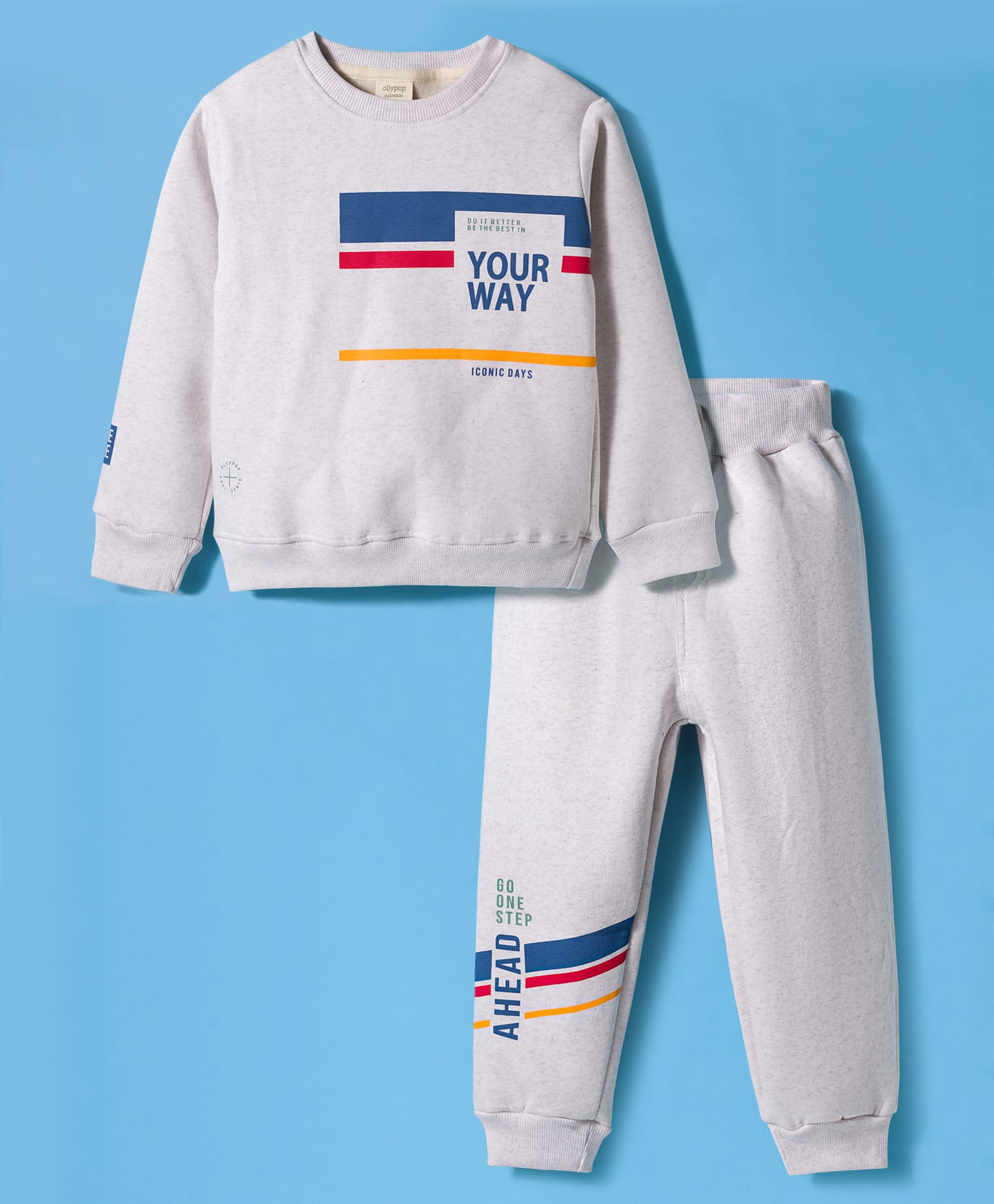 Ollypop Fleece Knit Full Sleeves Winter Wear T-Shirt & Lounge Pant Set With Text Print - Off White-picture-46
