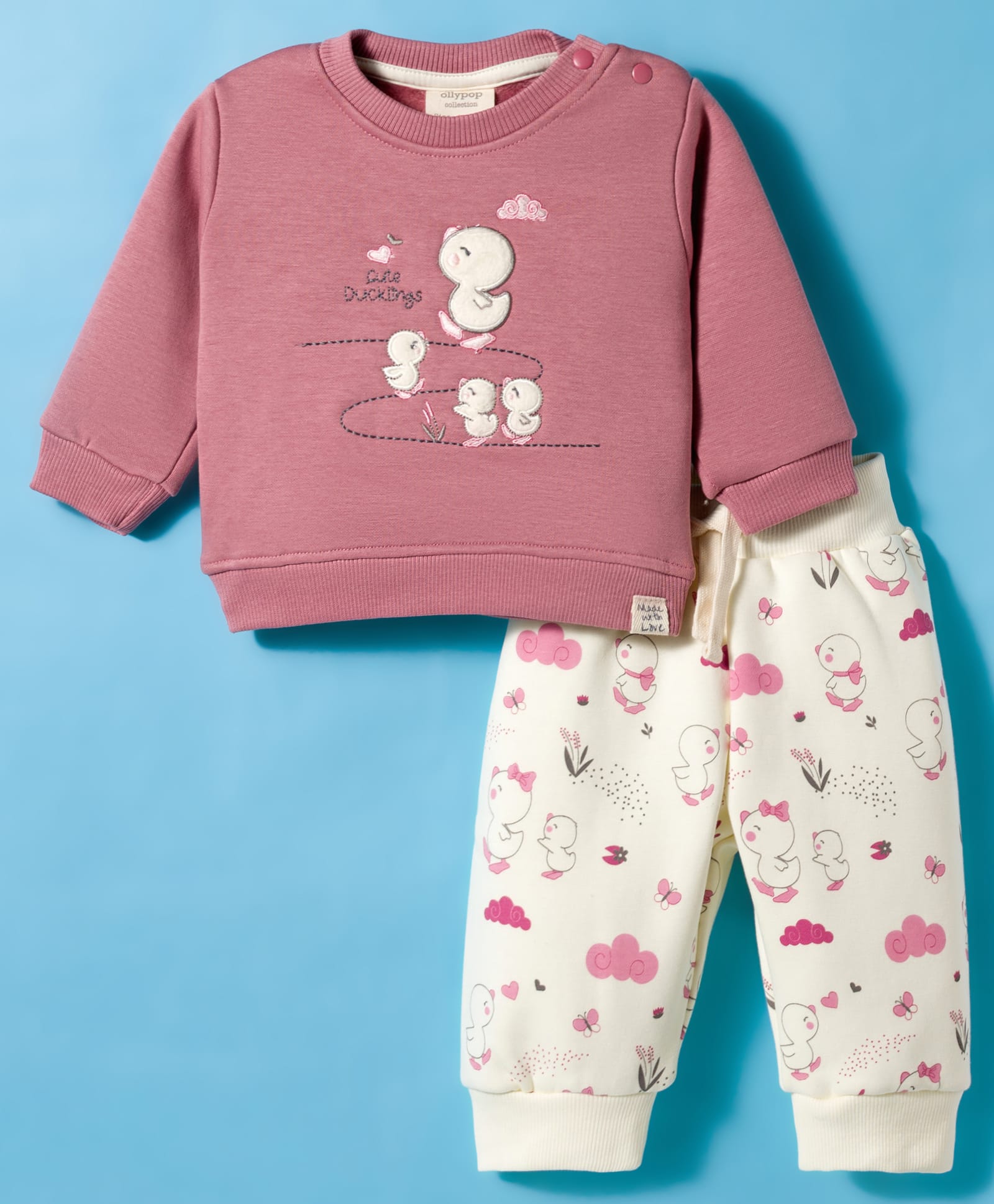 Ollypop Fleece Knit Full Sleeves Winter Night Suit with Bird Print & Patch - Rose Gold