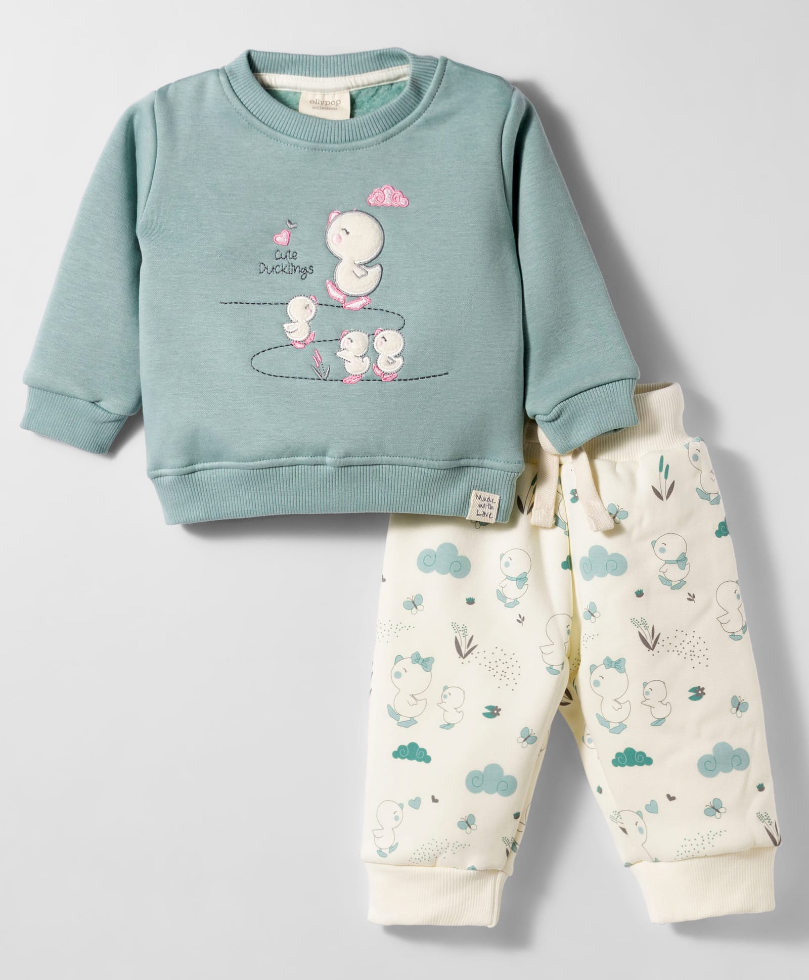 Ollypop Fleece Knit Full Sleeves Winter Night Suit with Bird Print & Patch - Turquoise-image-11