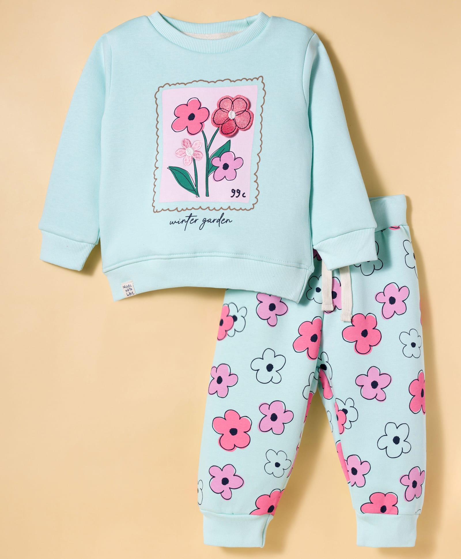 Ollypop Fleece Knit Full Sleeves Winter Wear T-Shirt & Lounge Pant Set With Floral Print & Applique - Light Blue-picture-35