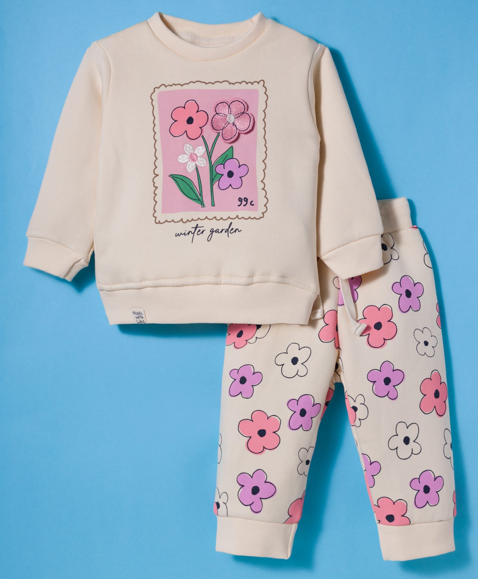Ollypop Fleece Knit Full Sleeves Winter Wear T-Shirt & Lounge Pant Set With Floral Print & Applique - Light Pink-picture-38