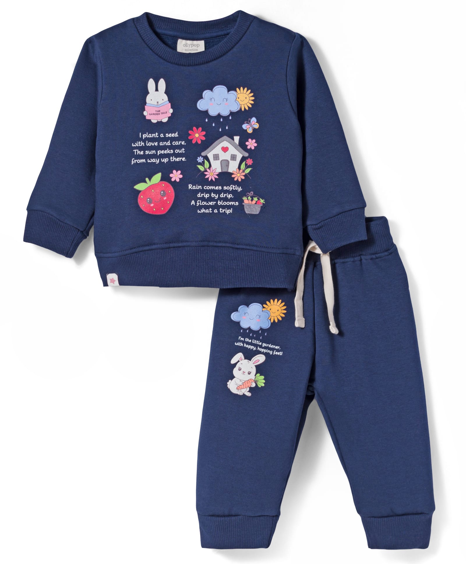 Ollypop Fleece Knit Full Sleeves Winter Wear T-Shirt & Lounge Pant Set With Bunny Print - Navy Blue-picture-9