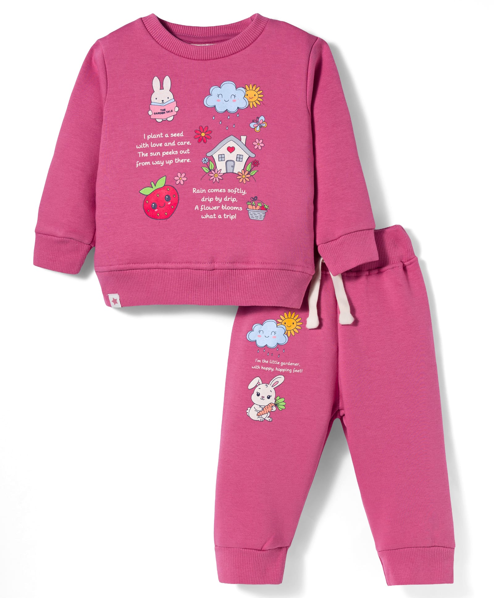 Ollypop Fleece Knit Full Sleeves Winter Wear T-Shirt & Lounge Pant Set With Bunny Print - Fuchsia-picture-42