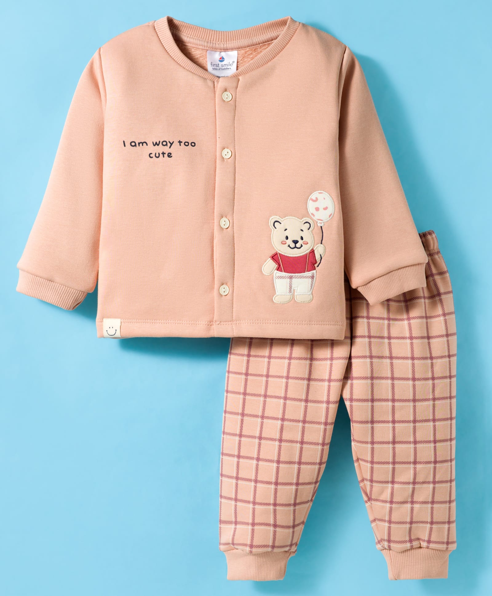 First Smile Fleece Knit Full Sleeves Winter Night Suit with Bear Patch Detailing & Checks - Peach-image-19