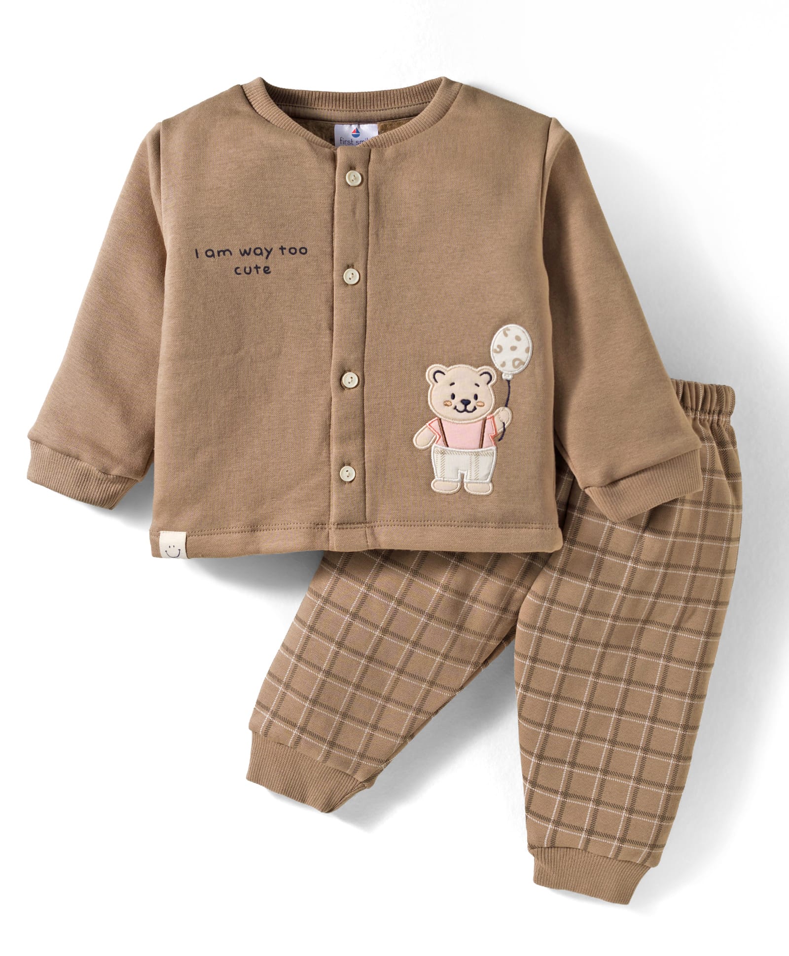 First Smile Fleece Knit Full Sleeves Winter Night Suit with Bear Patch Detailing & Checks - Tan