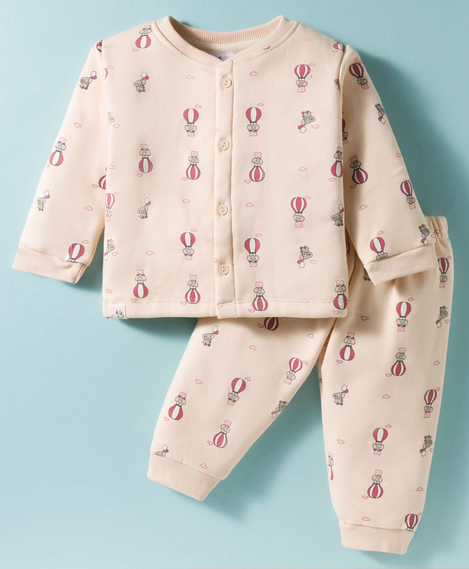First Smile Fleece Knit Full Sleeves Co-ords Winter Night Suit with Elephant Print - Peach-image-23